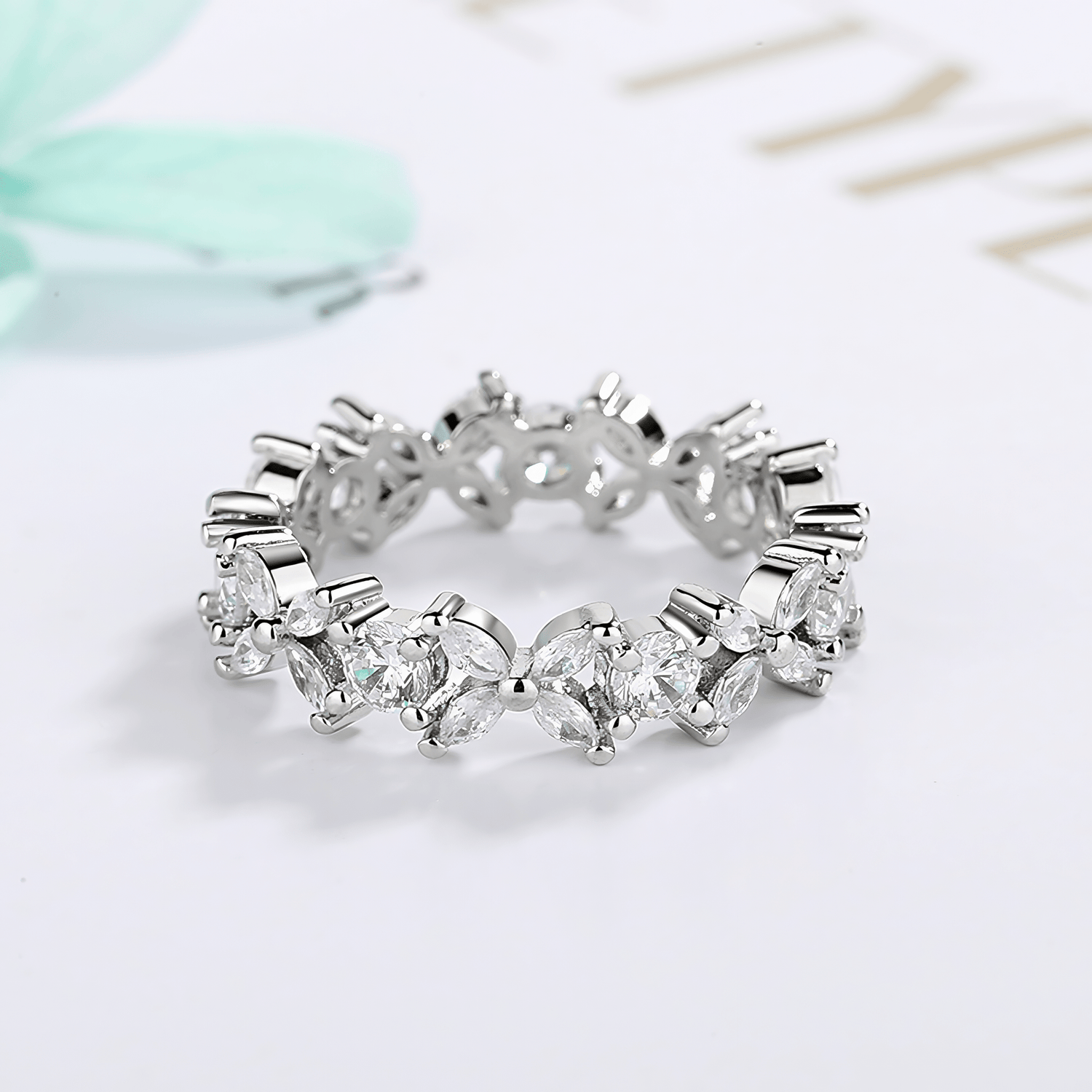 Blossom Eternity Ring in Sterling Silver with Marquise and Round Stones - NAFALUXE