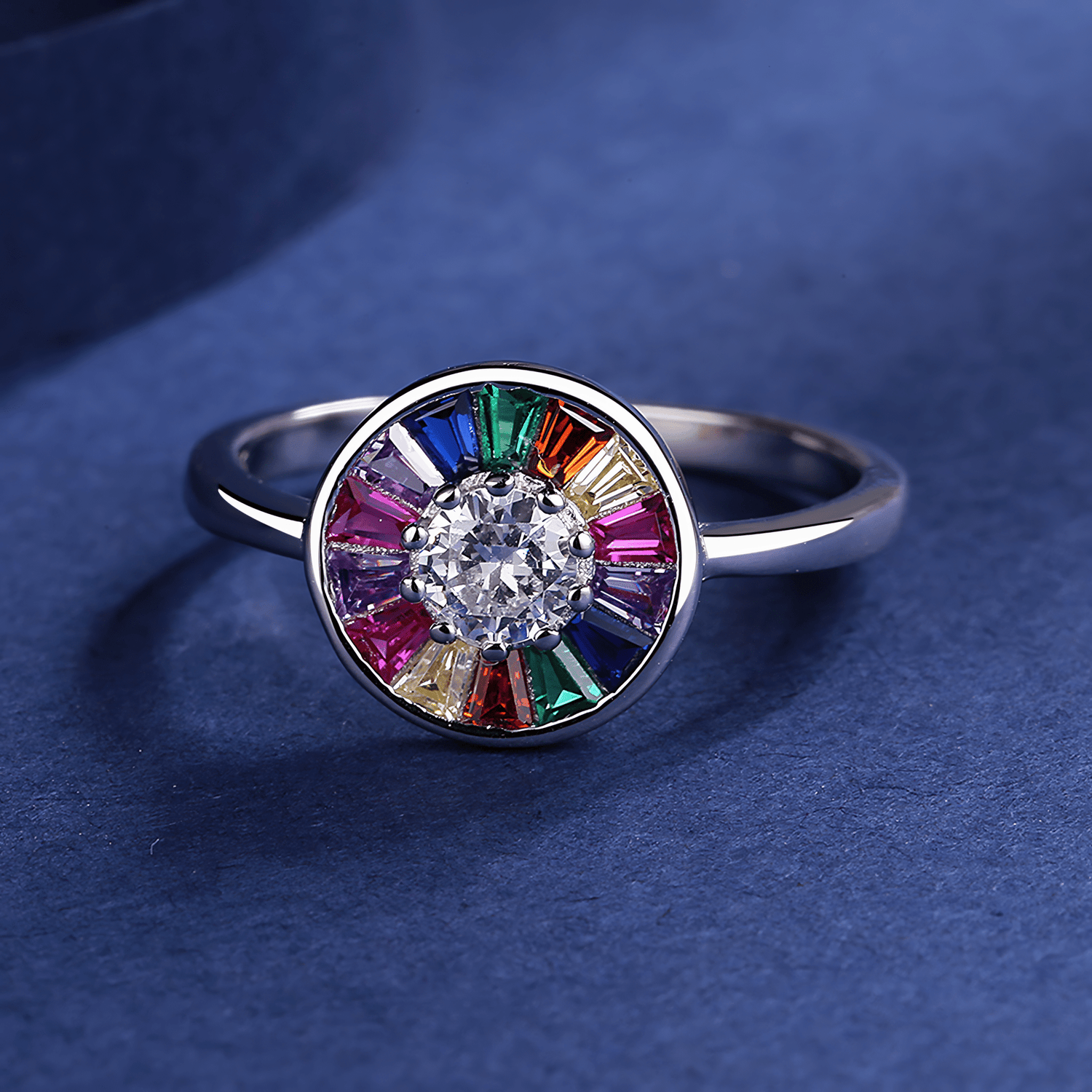 Blossom Radiance – Sterling Silver Rainbow Gemstone Ring with Round Brilliant Center - NAFALUXE