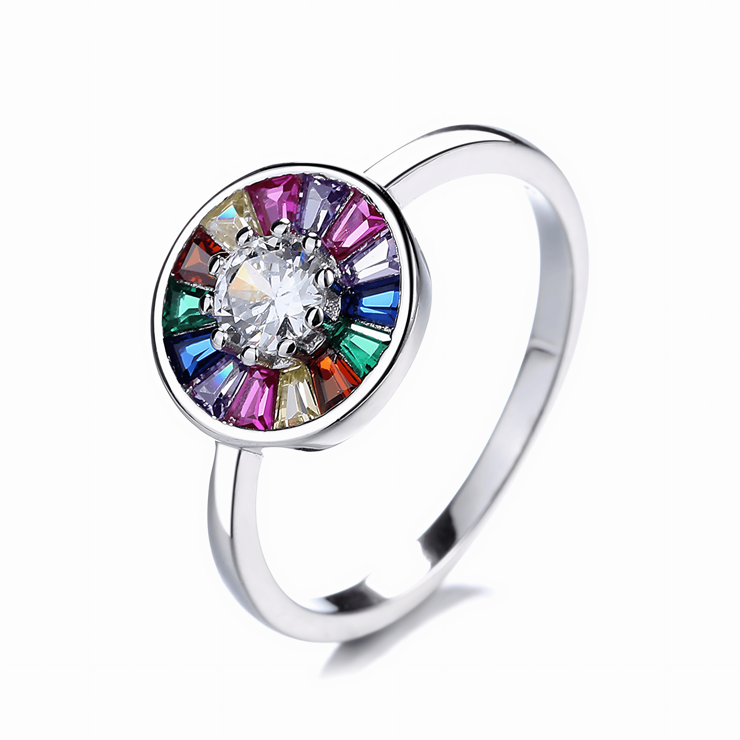 Blossom Radiance – Sterling Silver Rainbow Gemstone Ring with Round Brilliant Center - NAFALUXE