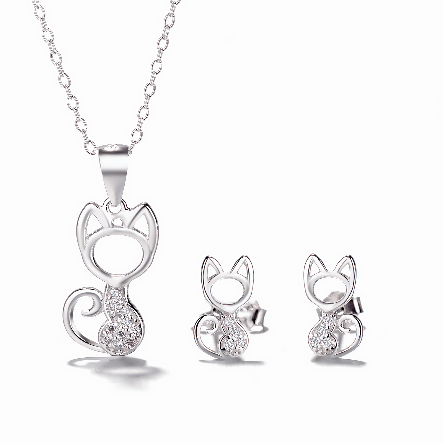 Cat Jewelry Set – Minimalist Necklace and Earrings with Pavé Zircon Tail Design - NAFALUXE