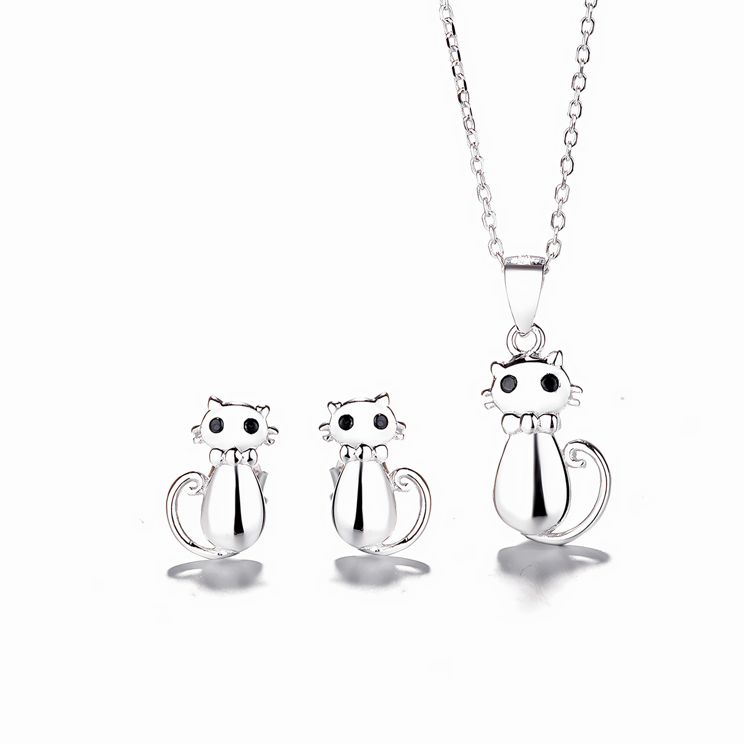 Cat Jewelry Set – Polished Kitty Necklace and Earrings with Black Eyes and Bow Tie Design - NAFALUXE