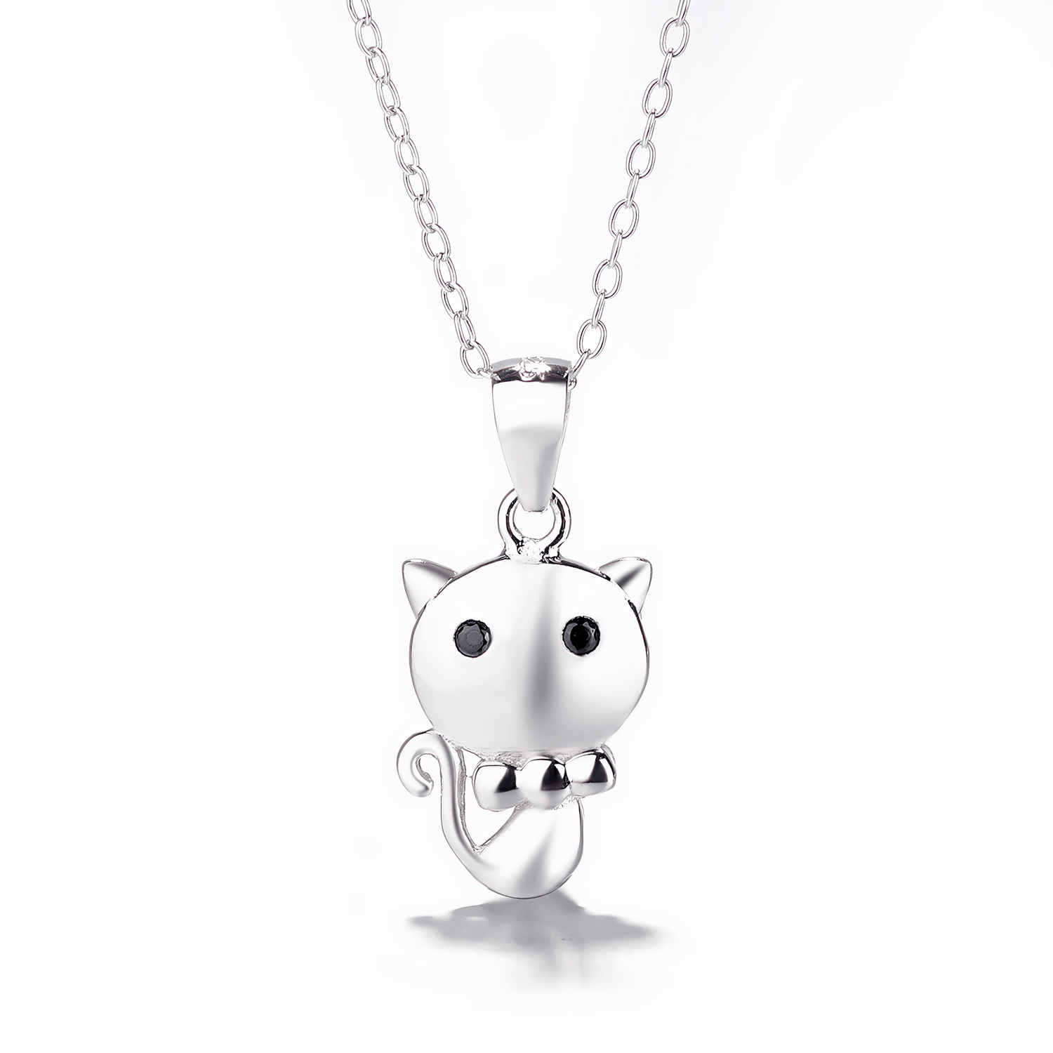 Cute Cat Jewelry Set in 925 Sterling Silver – Necklace and Stud Earrings with Black Zircon Eyes - NAFALUXE