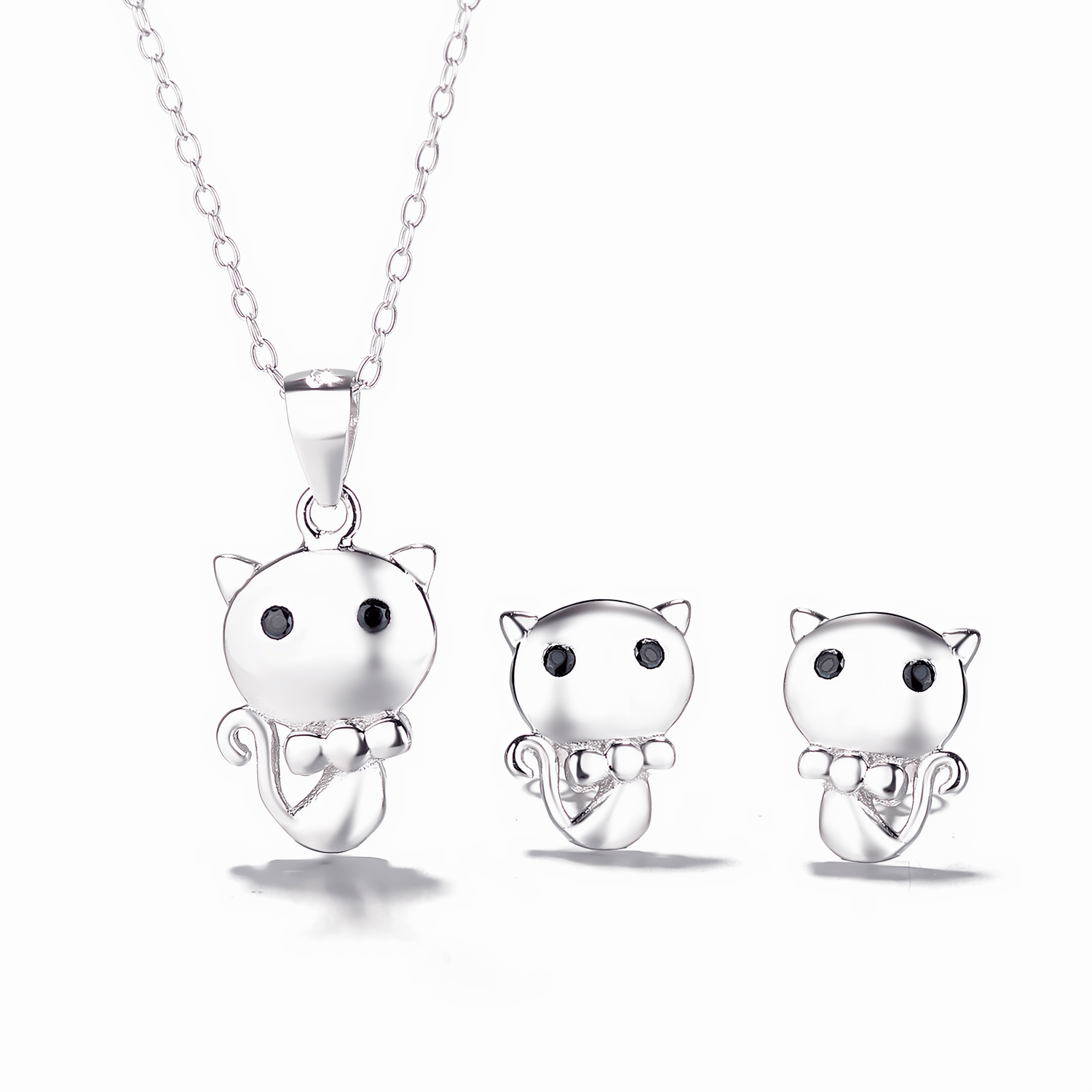 Cute Cat Jewelry Set in 925 Sterling Silver – Necklace and Stud Earrings with Black Zircon Eyes - NAFALUXE