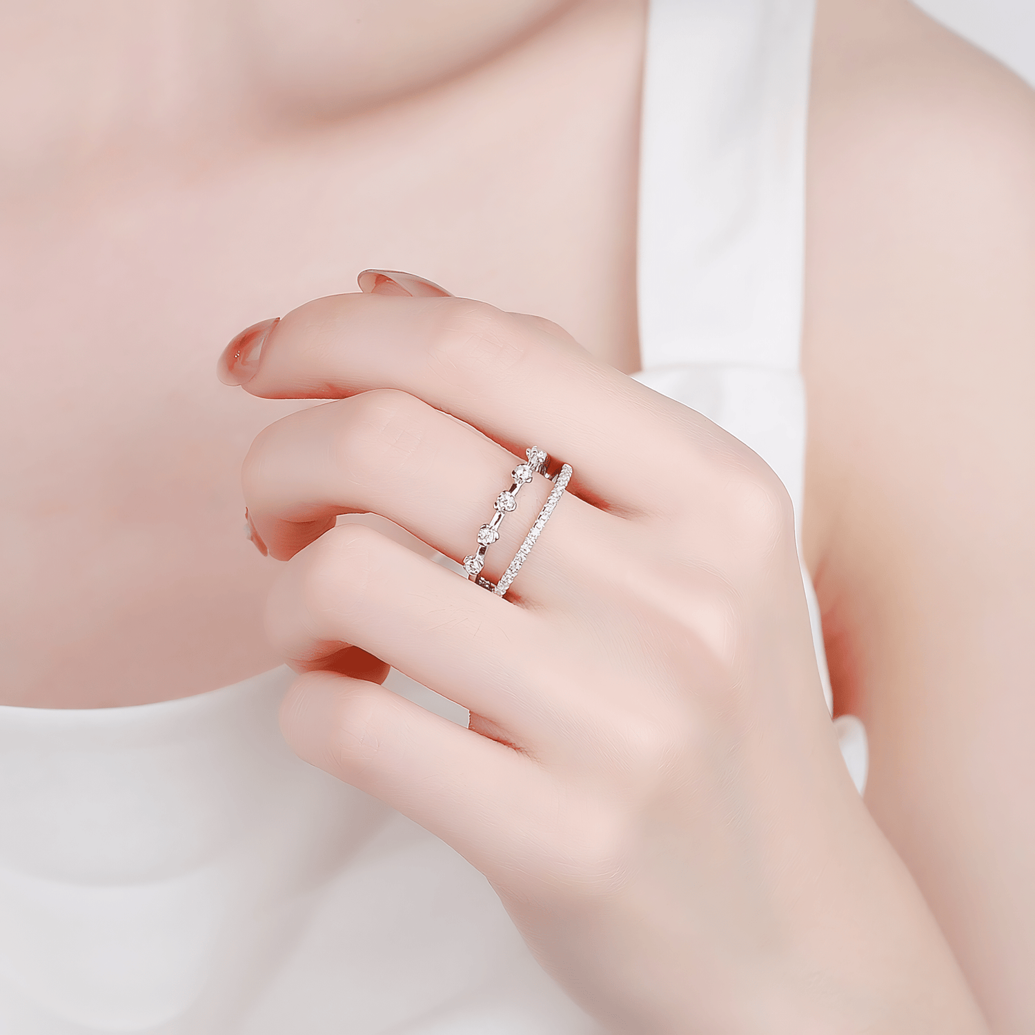 Duo Radiance – Sterling Silver Double Row Ring with Solitaire CZ Accents & Pavé Band - NAFALUXE
