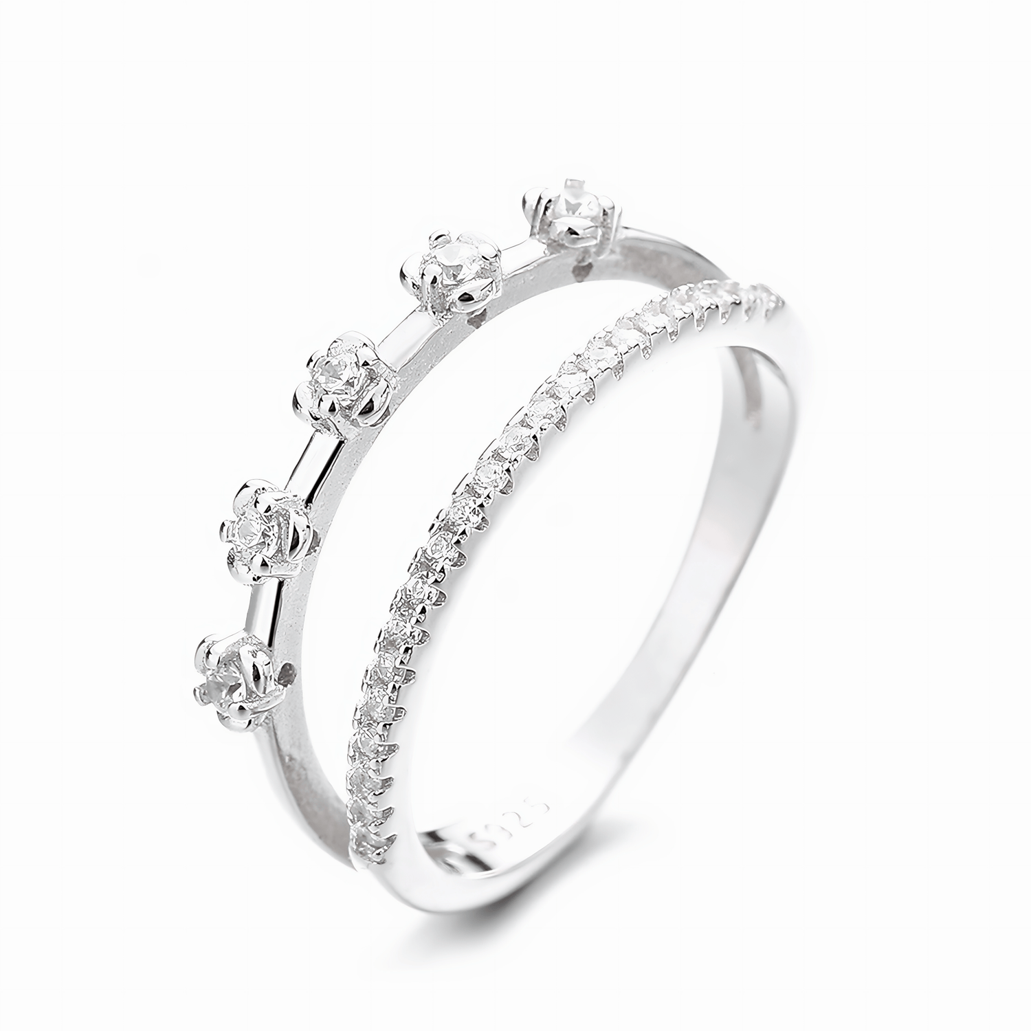 Duo Radiance – Sterling Silver Double Row Ring with Solitaire CZ Accents & Pavé Band - NAFALUXE