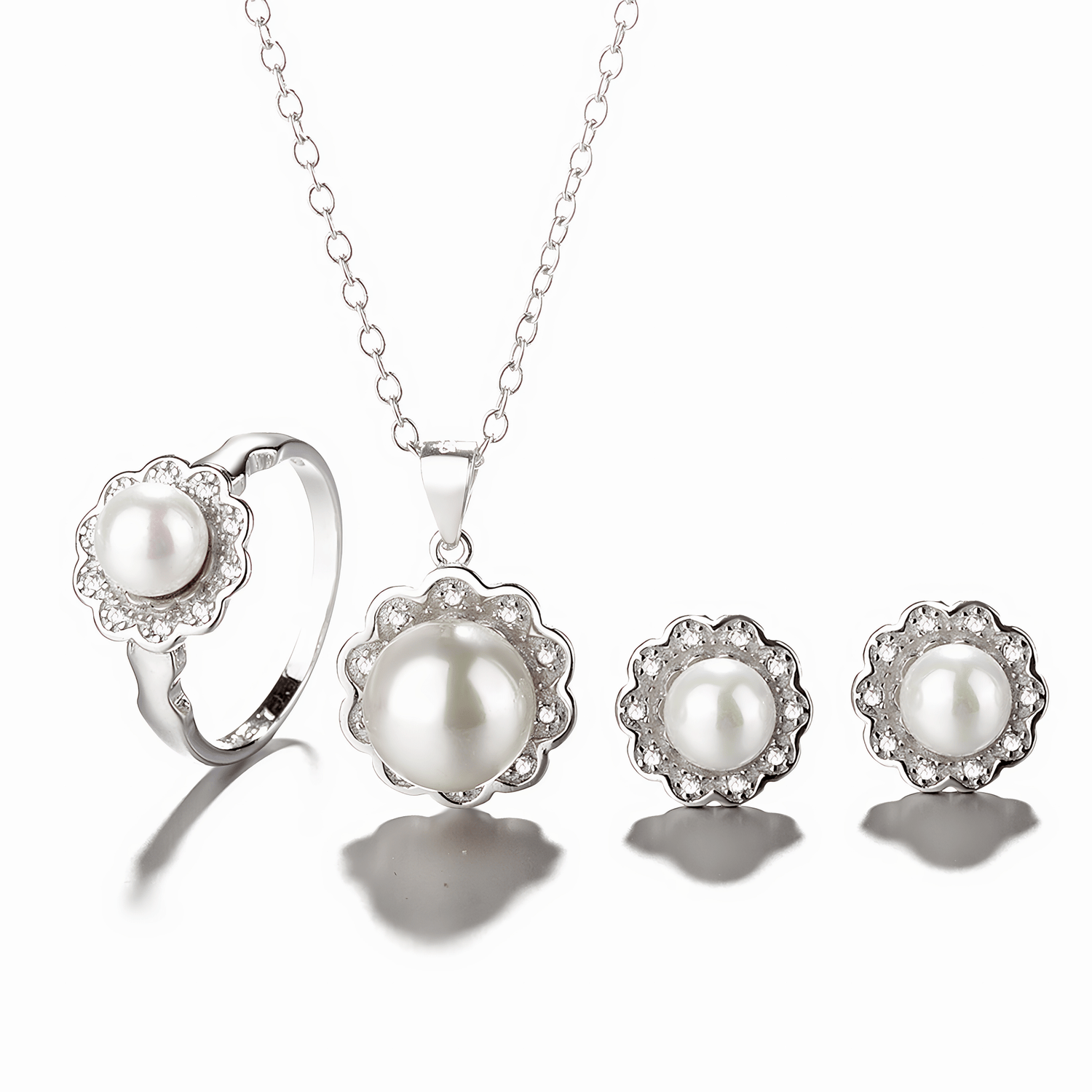 Elegant Pearl Flower Jewelry Set – Sterling Silver Necklace, Ring & Earrings - NAFALUXE