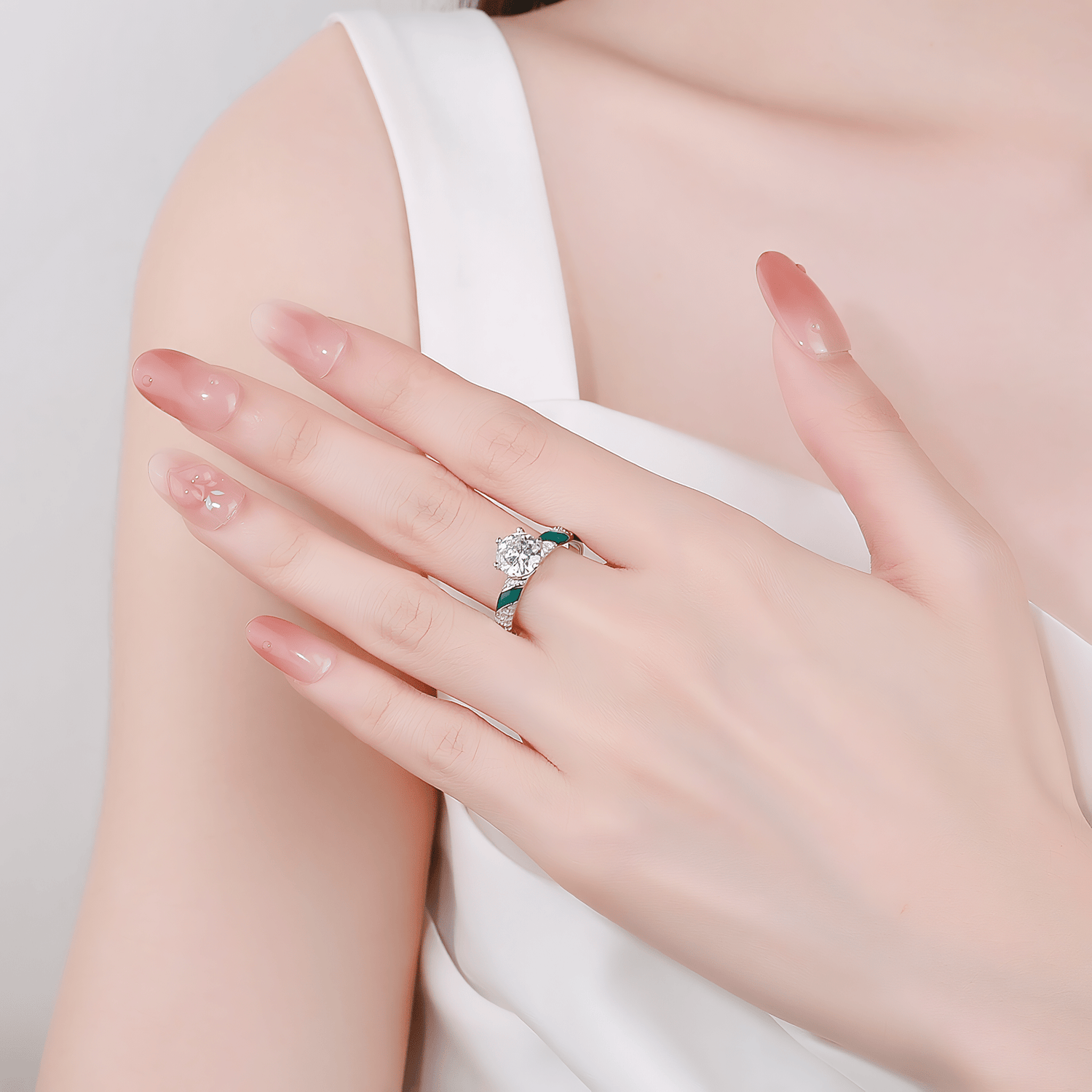 Emerald Flame – Sterling Silver Ring with Green Enamel Inlay & Brilliant CZ Center - NAFALUXE