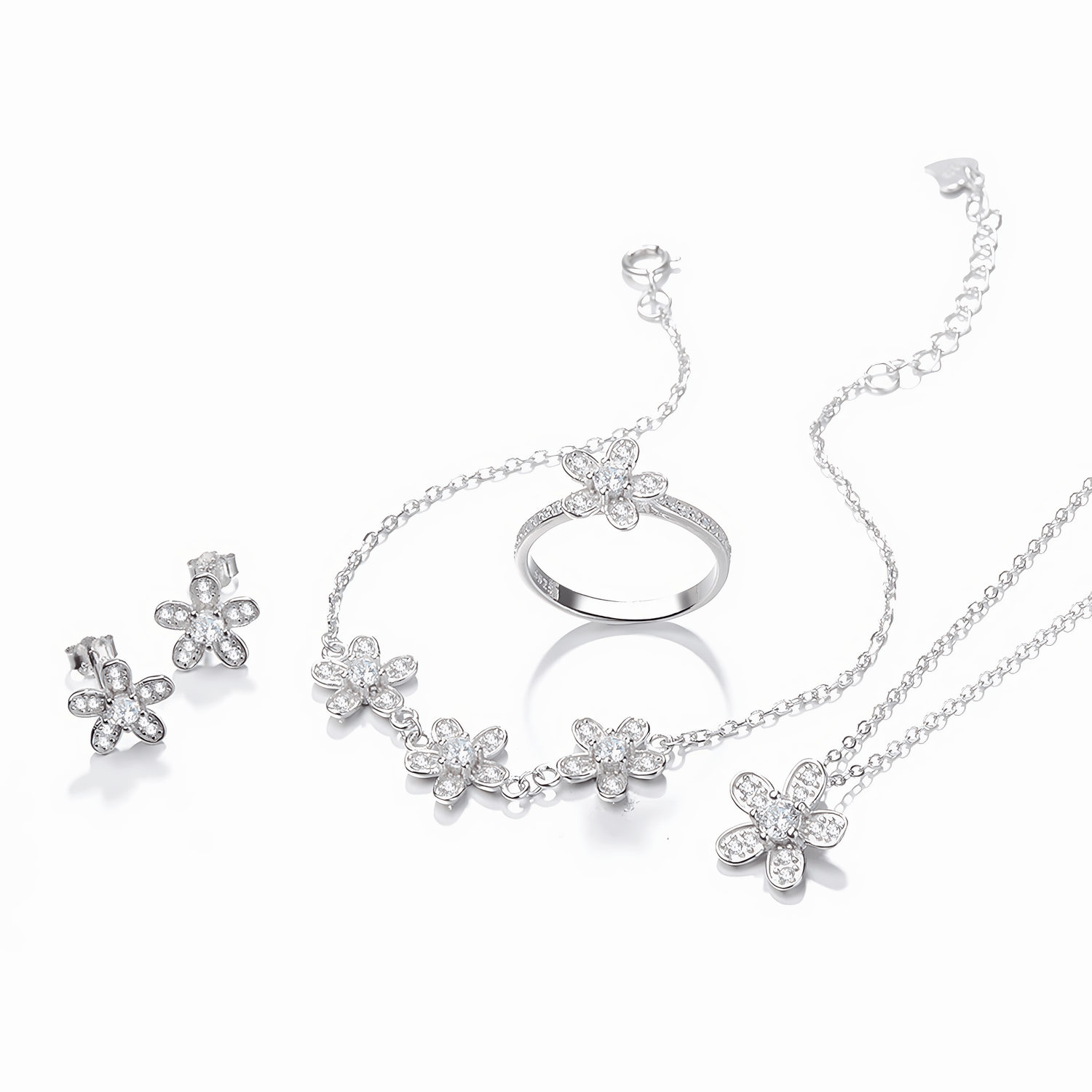 Floral Jewelry Set – Necklace Bracelet Ring and Earrings with Sparkling Zirconia - NAFALUXE