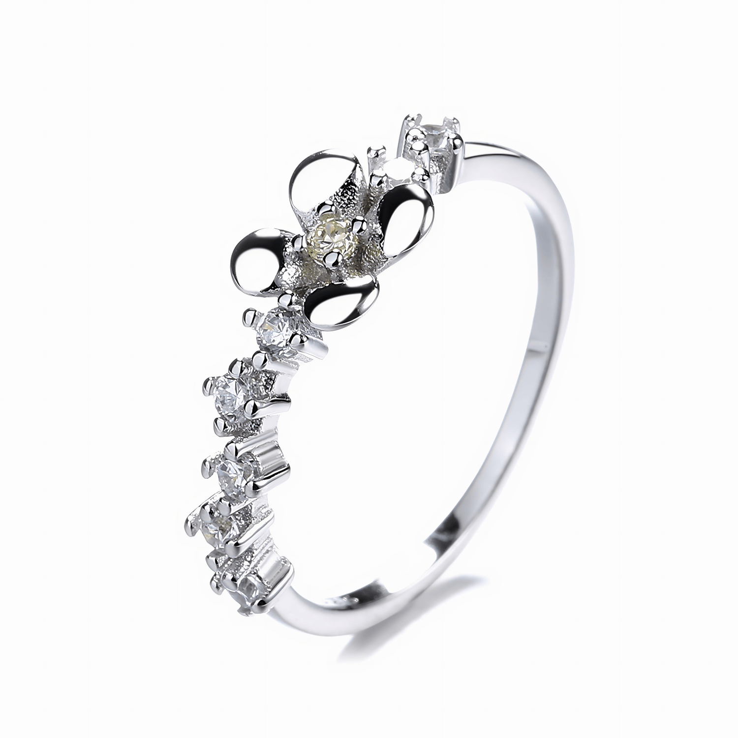 Floral Whisper – Sterling Silver Ring with Petal Motif and Sparkling Accents - NAFALUXE