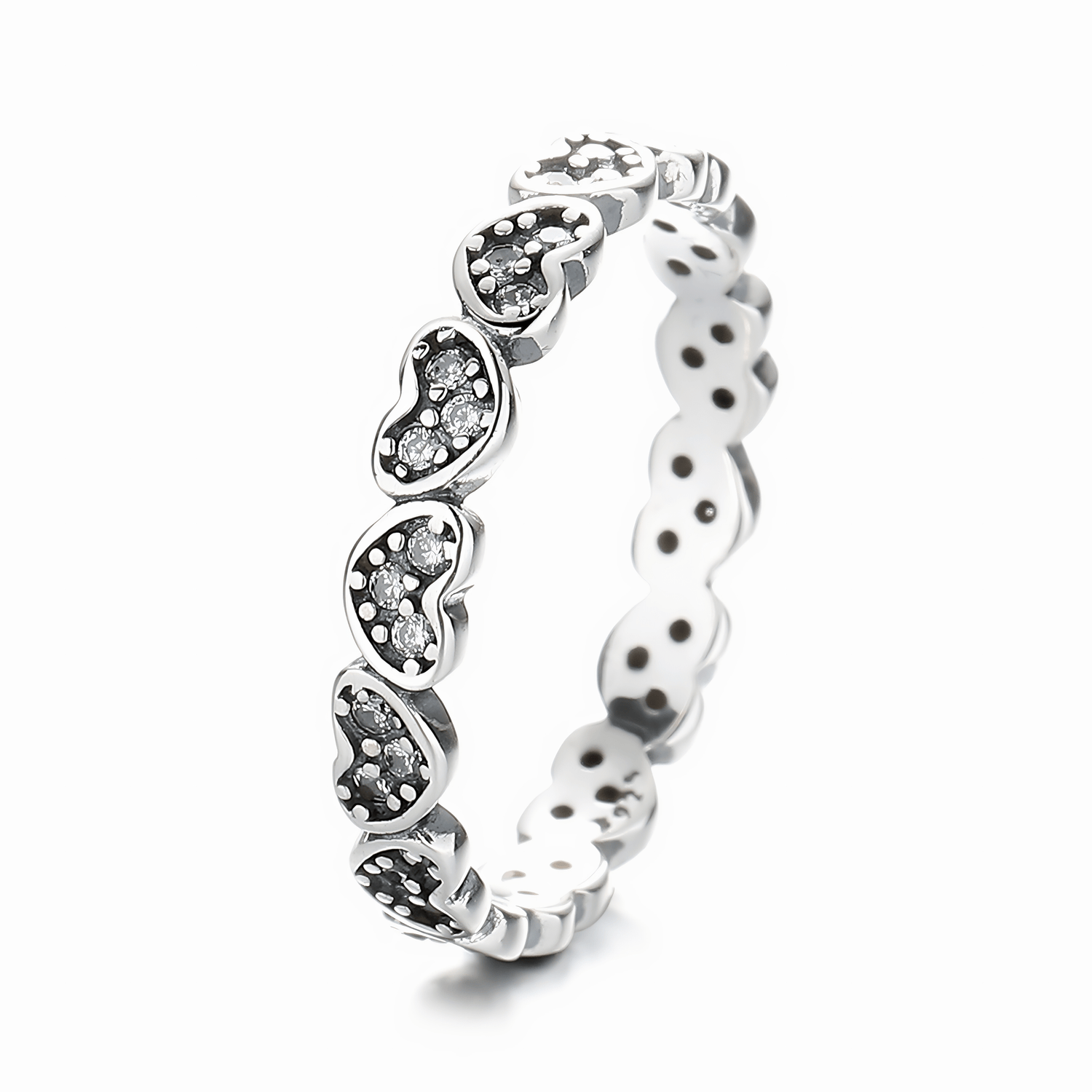 Heartbeat Spark – Sterling Silver Eternity Band with Blackened Heart Accents & CZ Stones - NAFALUXE
