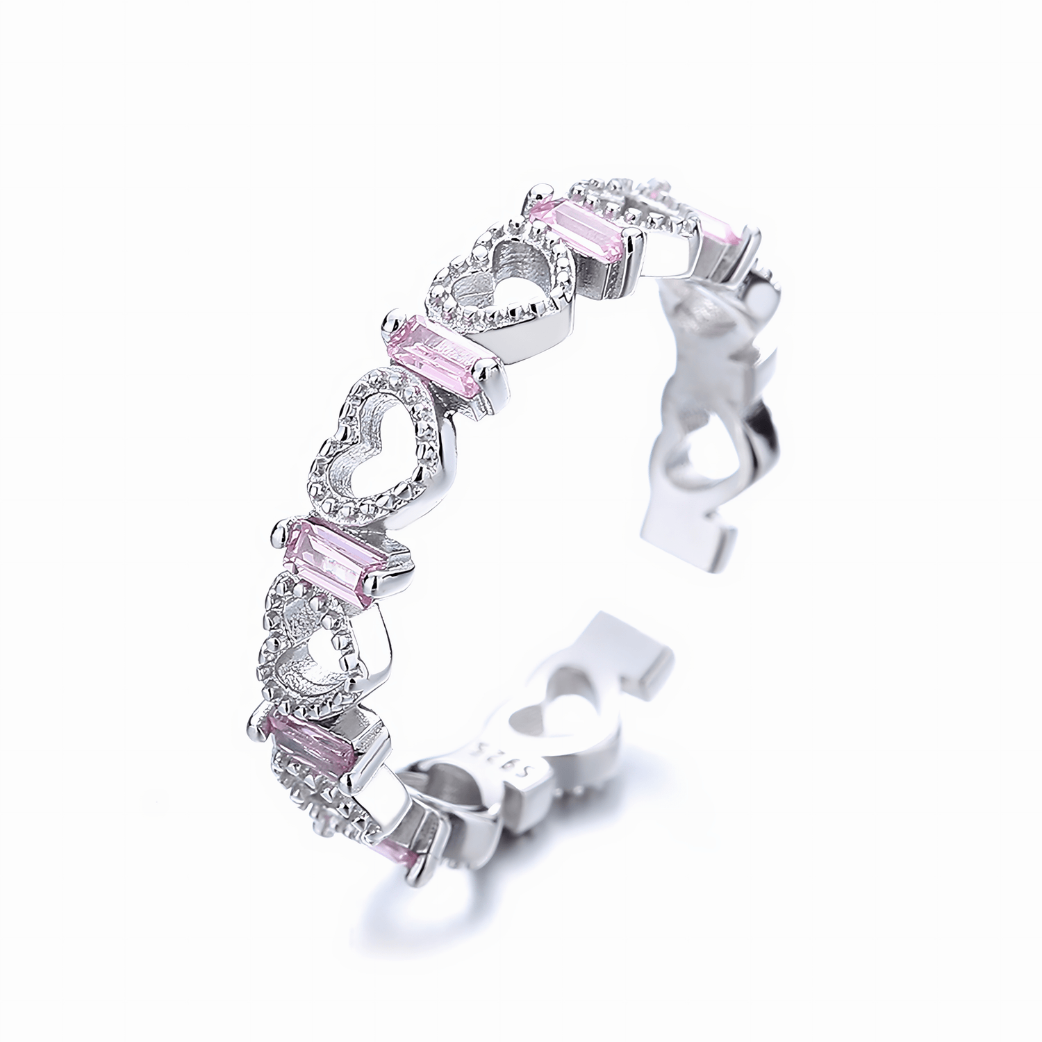 Hearts Harmony – Sterling Silver Adjustable Ring with Amethyst Cubic Zirconia & Heart Motifs - NAFALUXE