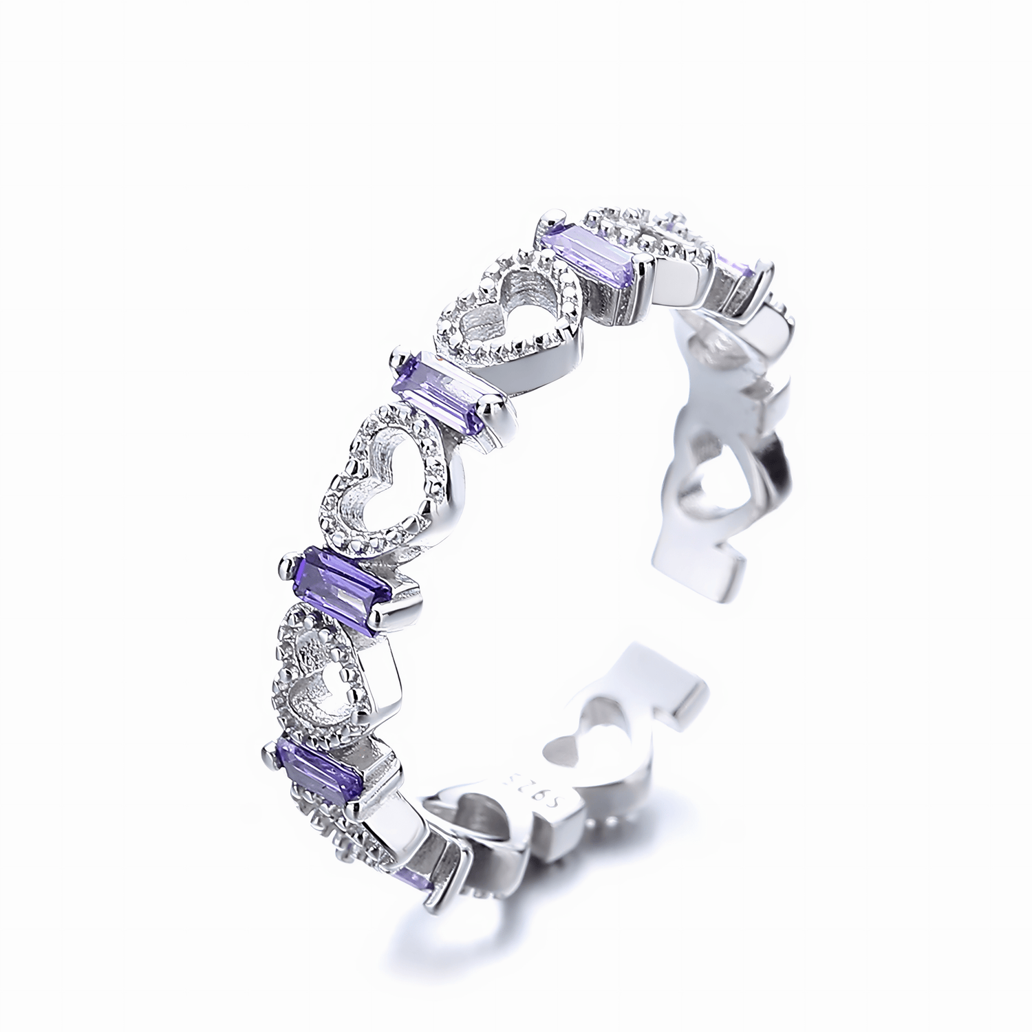 Hearts Harmony – Sterling Silver Adjustable Ring with Amethyst Cubic Zirconia & Heart Motifs - NAFALUXE