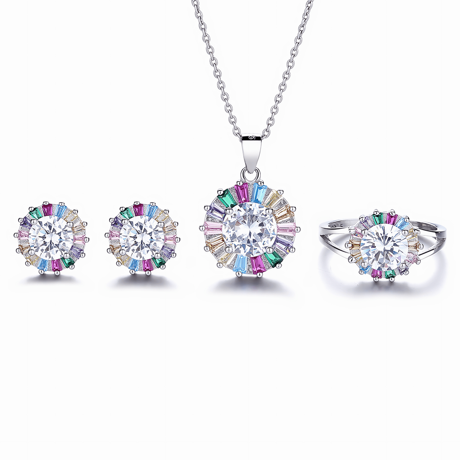Jewelry Set with Colorful Baguette Crystals – Necklace Ring and Earrings - NAFALUXE