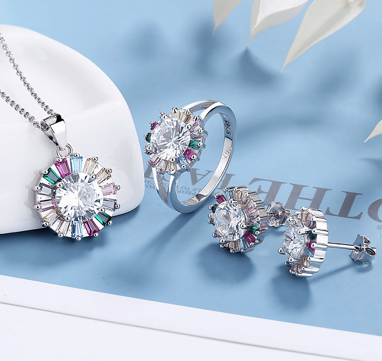 Jewelry Set with Colorful Baguette Crystals – Necklace Ring and Earrings - NAFALUXE