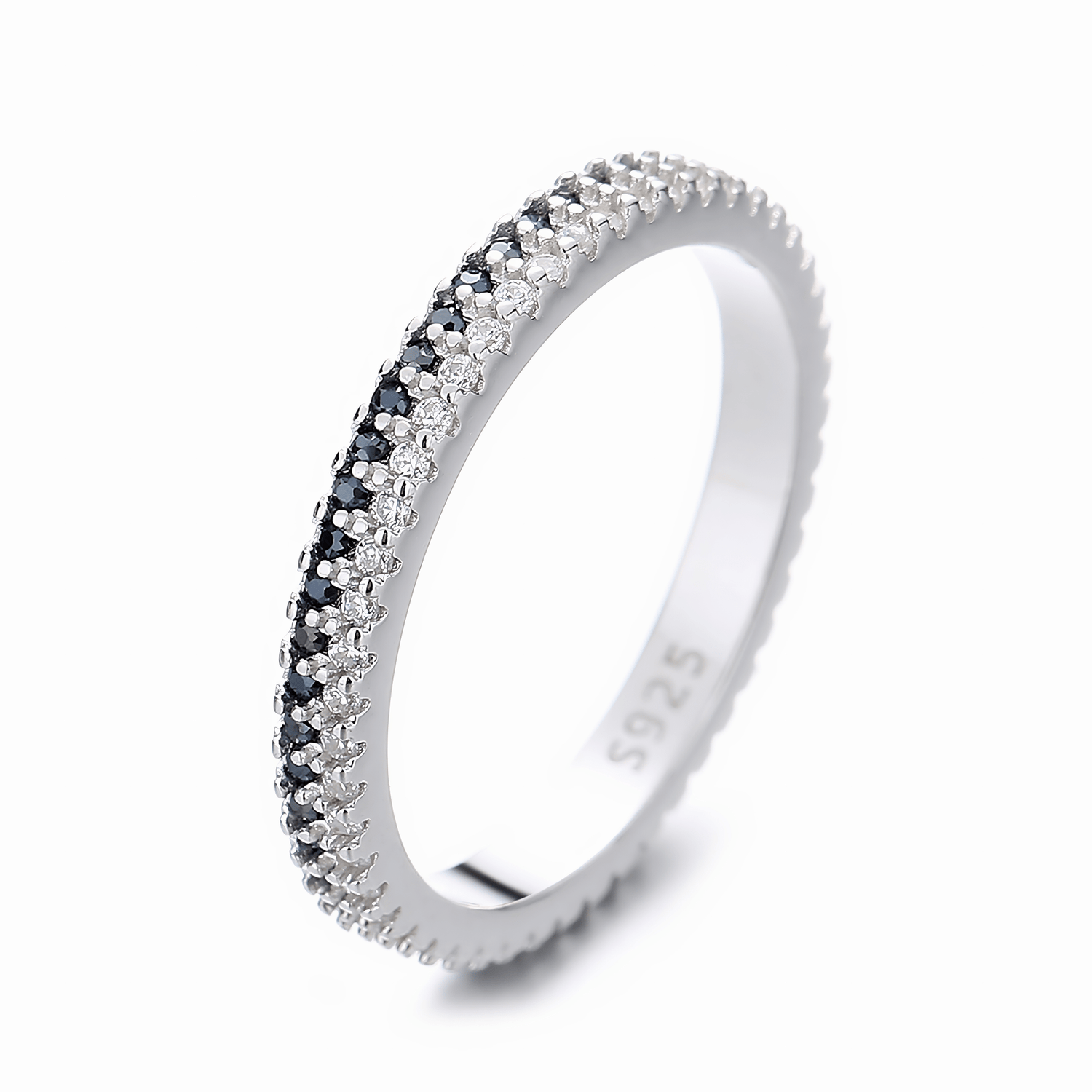 Midnight Sparkle – Sterling Silver Band with Black and White CZ Pave Stones - NAFALUXE