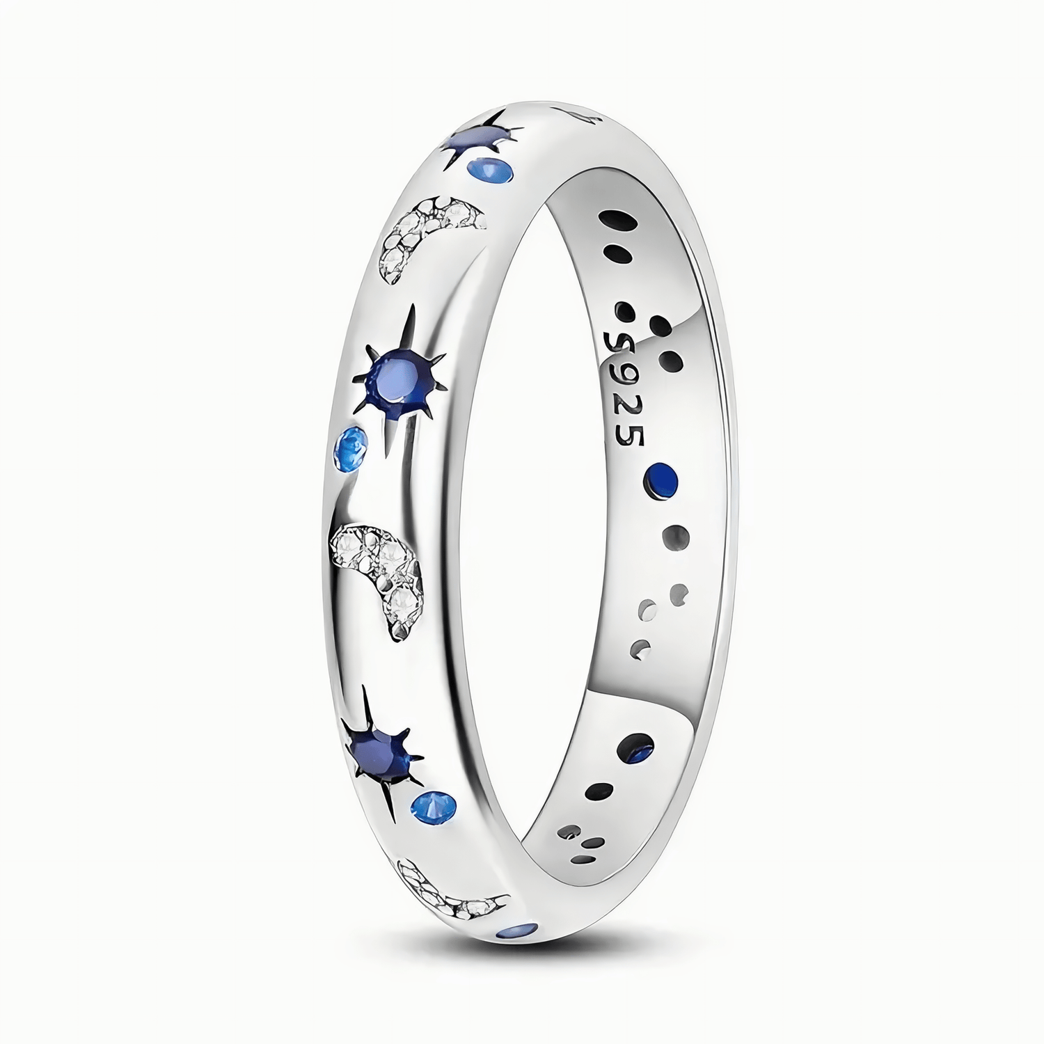 Moon and Stars Band Ring 925 Sterling Silver with Blue and White Zirconia - NAFALUXE