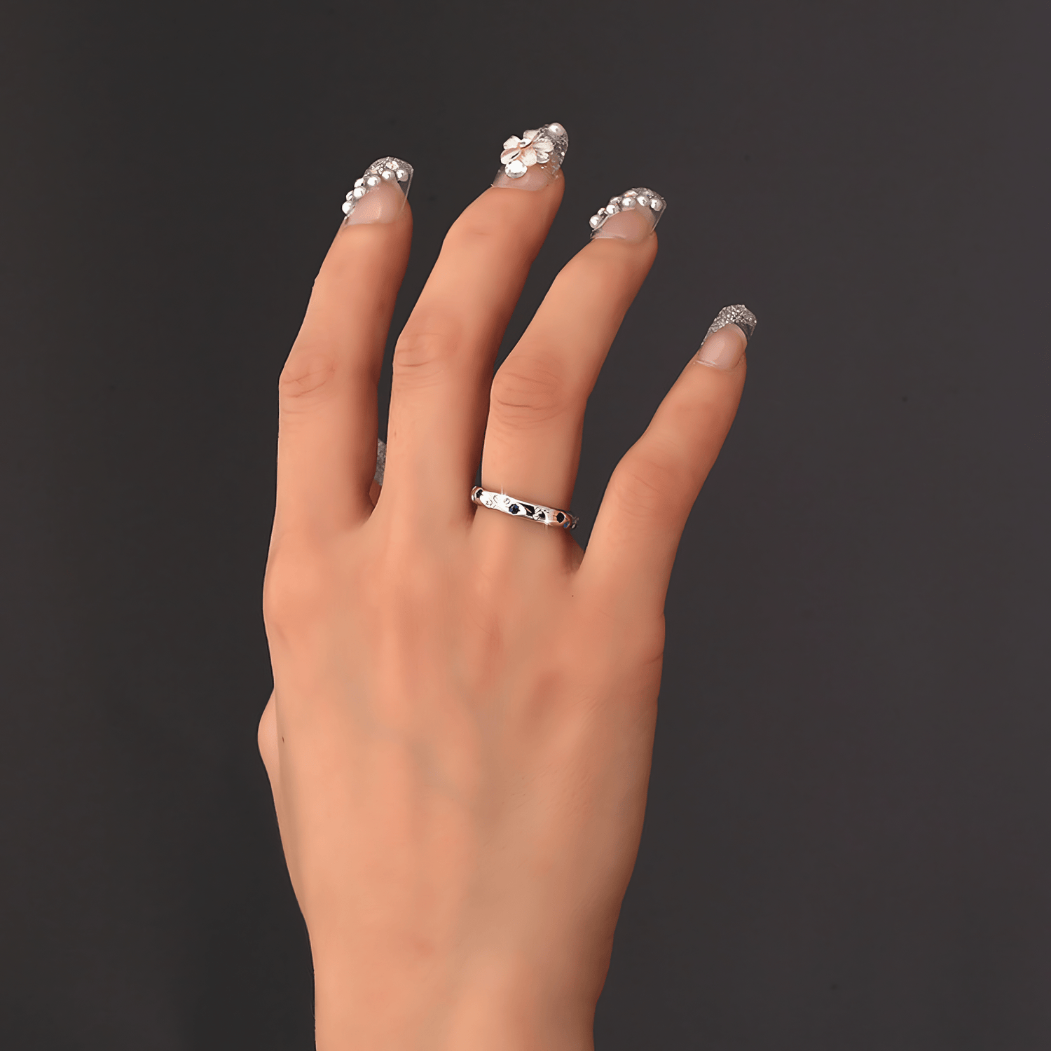 Moon and Stars Band Ring 925 Sterling Silver with Blue and White Zirconia - NAFALUXE