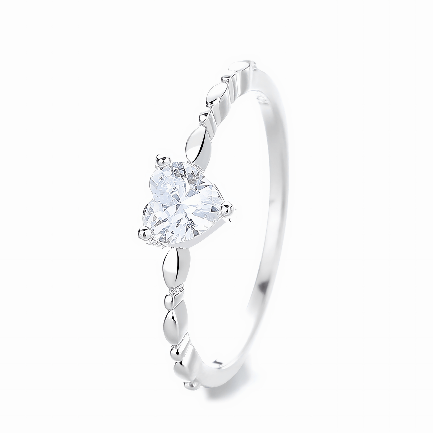 Pure Heart – Sterling Silver Ring with Heart - Shaped CZ and Polished Bead Band - NAFALUXE