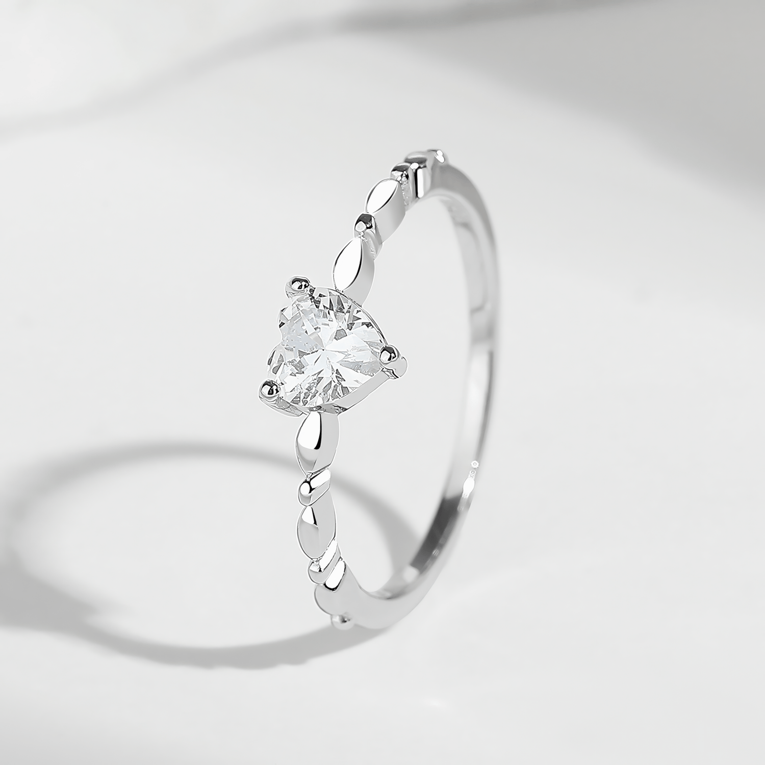 Pure Heart – Sterling Silver Ring with Heart - Shaped CZ and Polished Bead Band - NAFALUXE