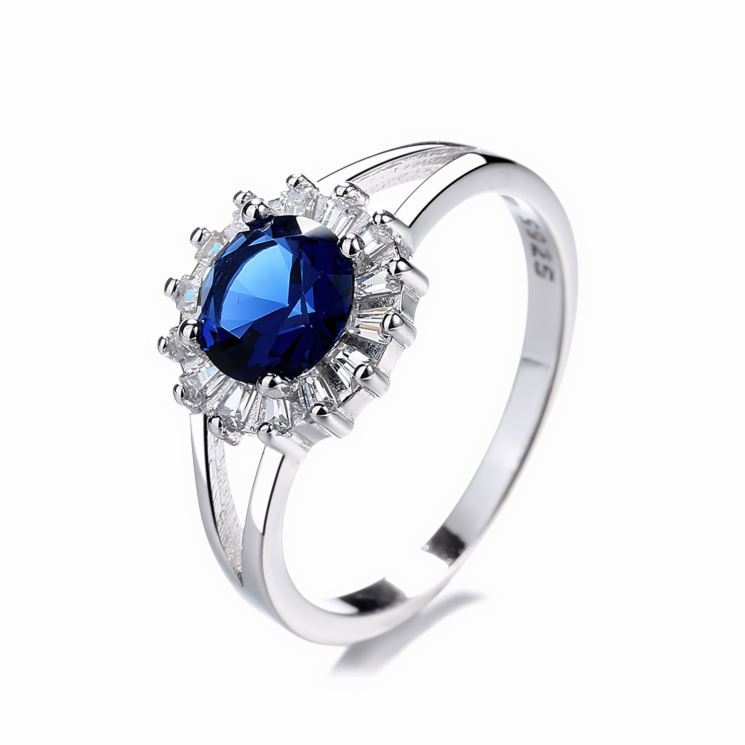 Royal Azure Elegance – Sterling Silver Ring with Oval Blue Sapphire & Baguette - Cut Accents - NAFALUXE