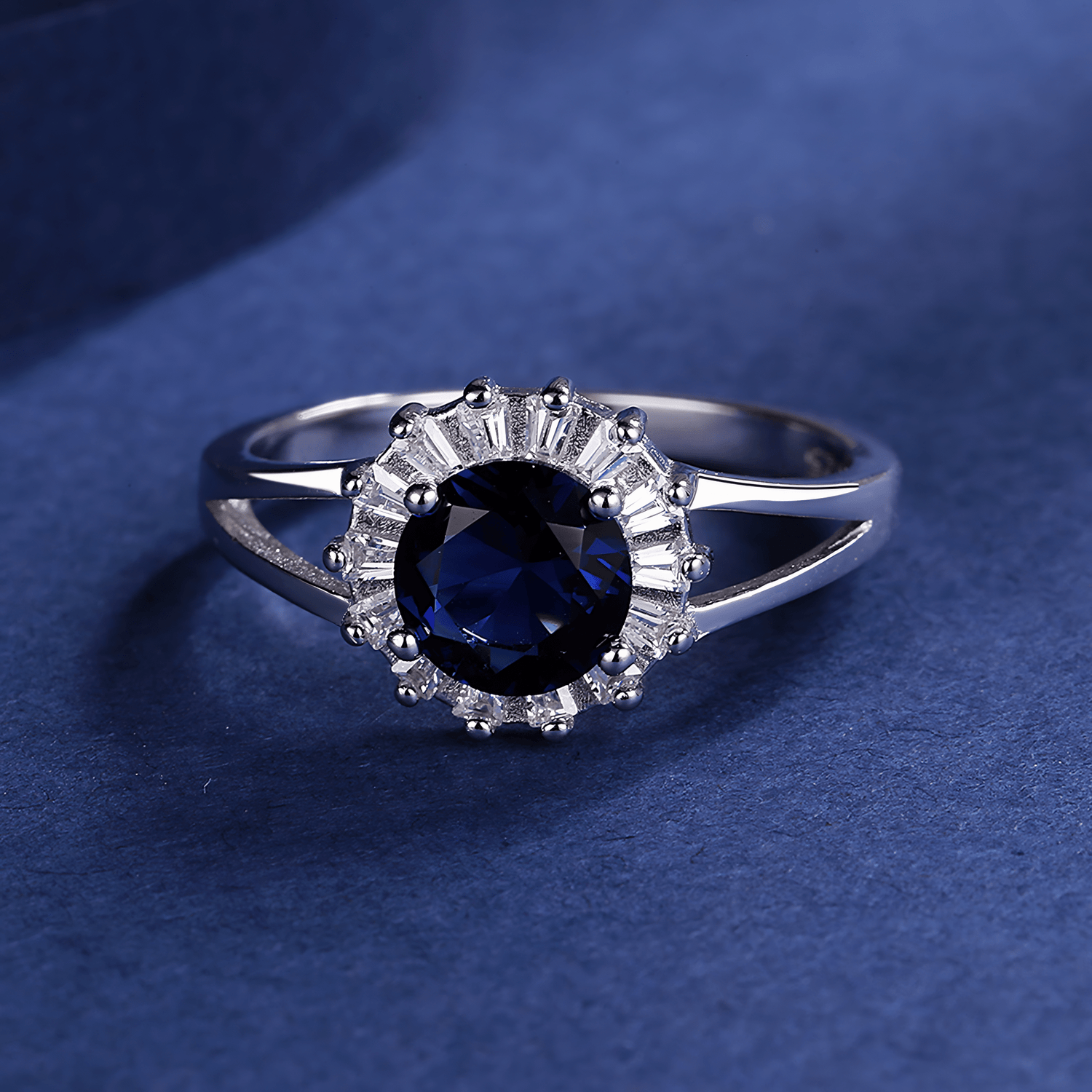 Royal Azure Elegance – Sterling Silver Ring with Oval Blue Sapphire & Baguette - Cut Accents - NAFALUXE
