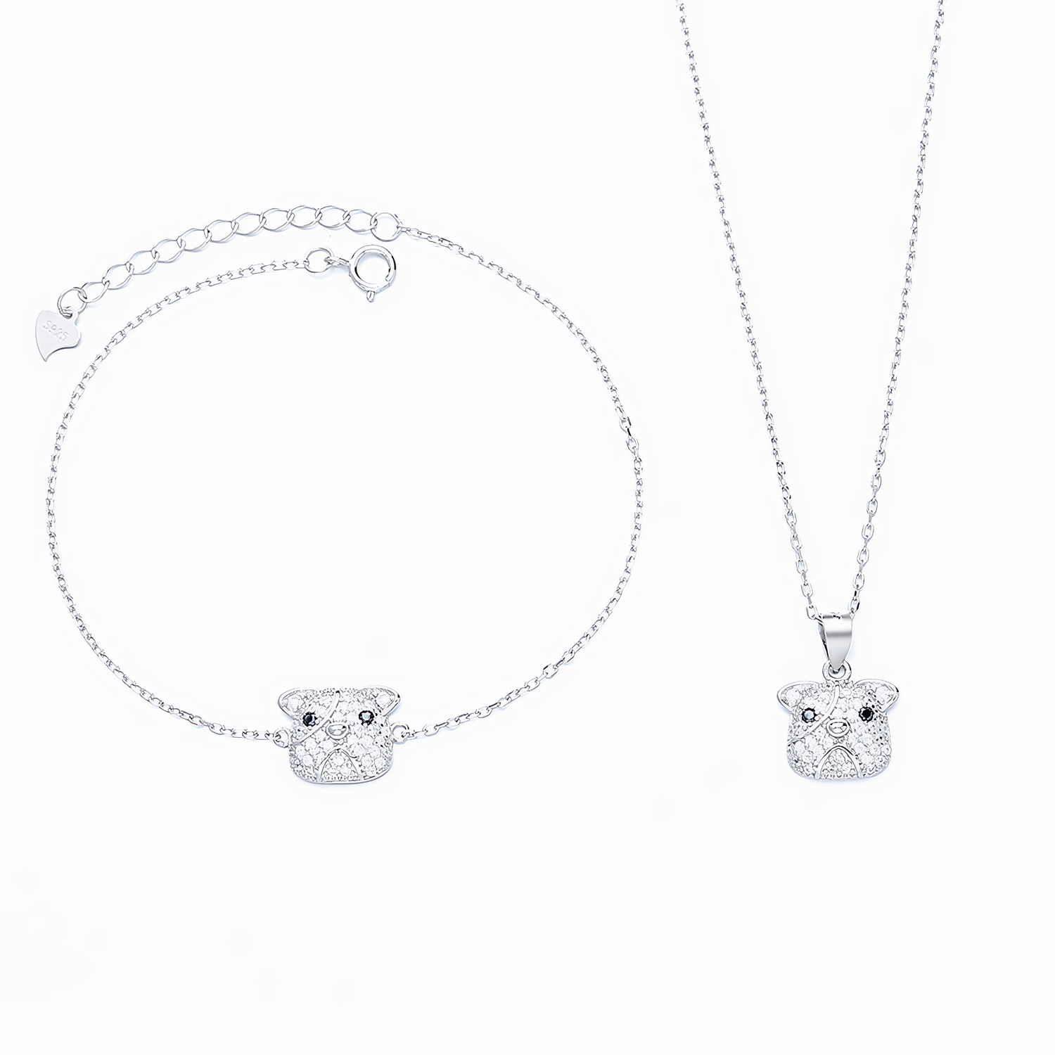 Snowy Bear Charm Set – Sterling Silver Necklace and Bracelet with Sparkling White Crystals - NAFALUXE