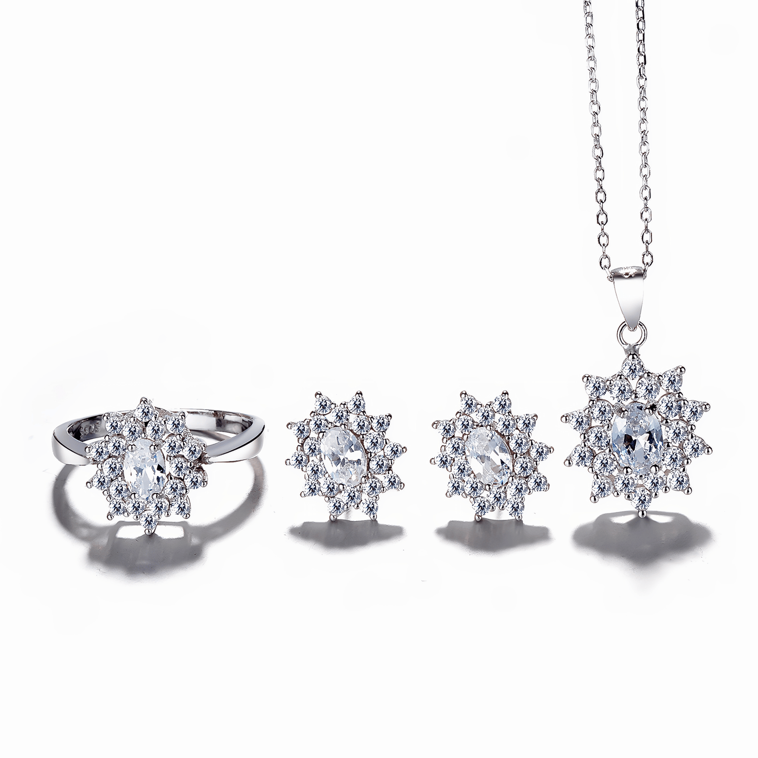 Sparkling Snowflake Jewelry Set – Sterling Silver Necklace, Ring & Earrings with Zircon Stones - NAFALUXE