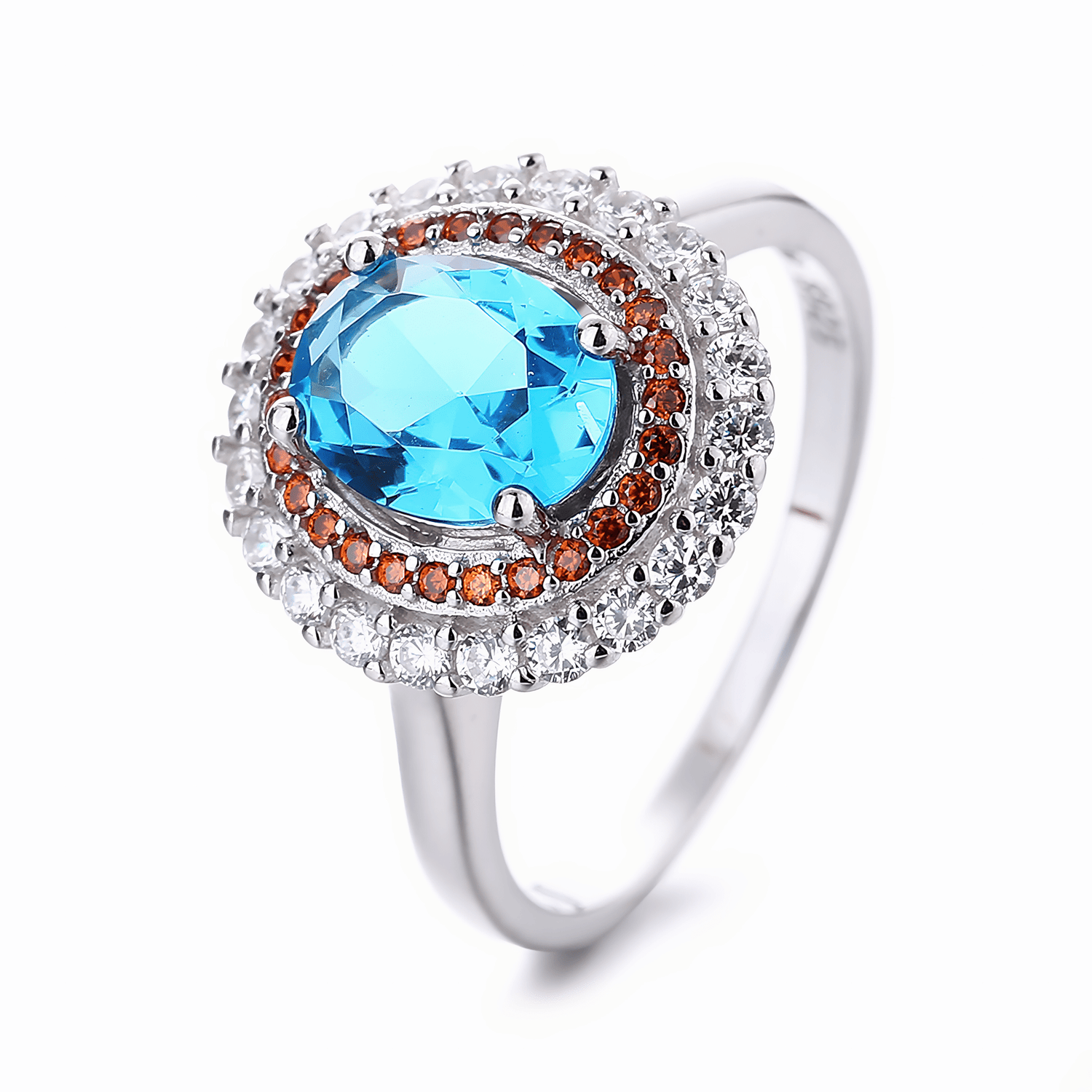 Sunfire Halo – Sterling Silver Ring with Brilliant - Cut Center and Dual Halo of White & Orange - Green CZ - NAFALUXE