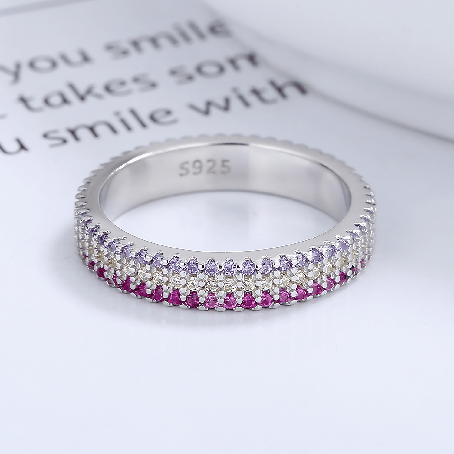Twilight Bloom – Sterling Silver Band with Pink, Lavender & White CZ Pavé - NAFALUXE