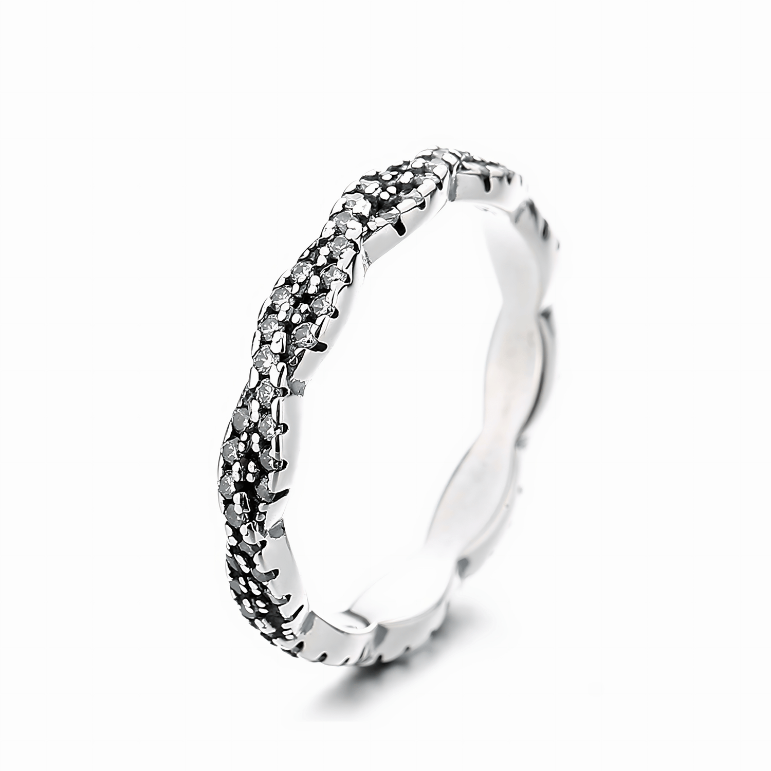 Twilight Twist – Sterling Silver Eternity Ring with Interwoven Black & White CZ Stones - NAFALUXE