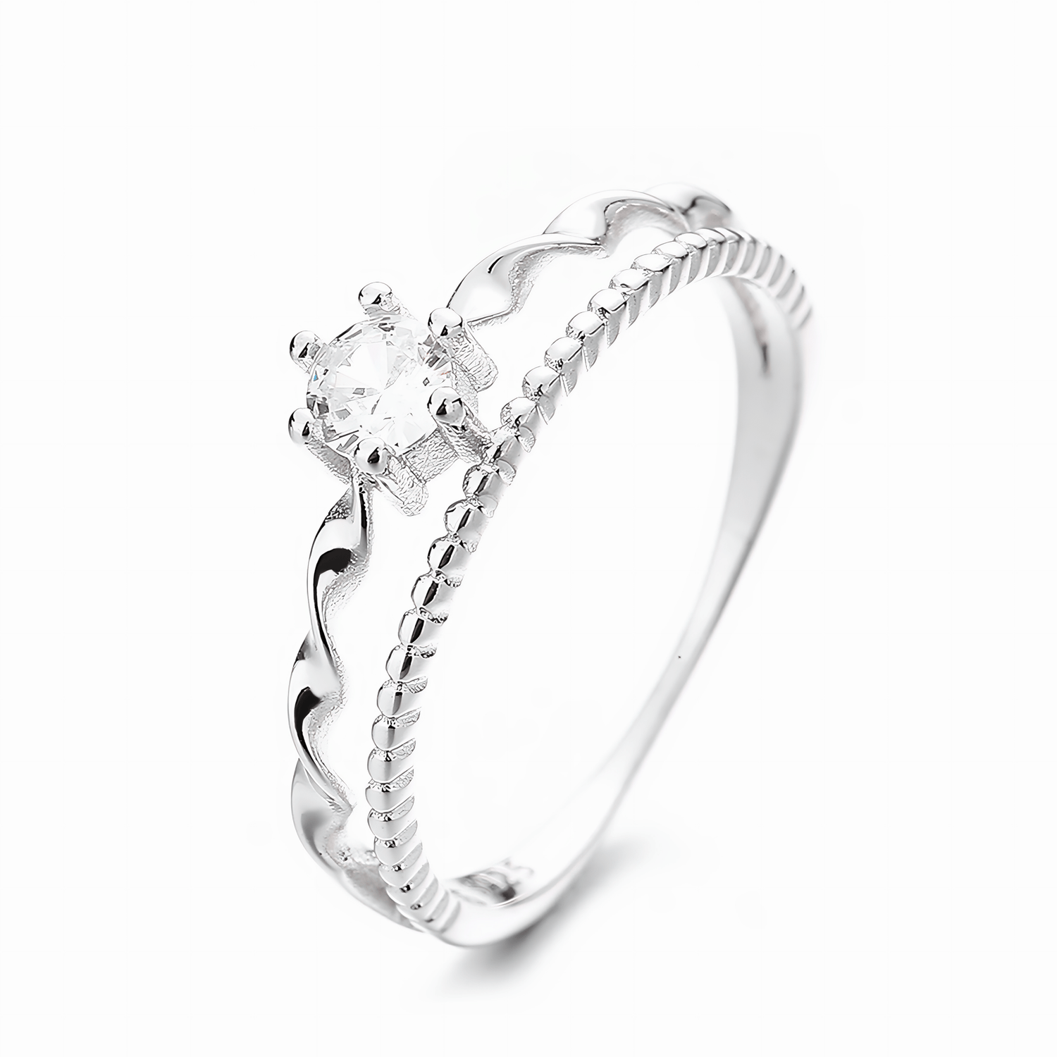 Waves of Love – Sterling Silver Dual Band Ring with Solitaire CZ & Twisted Design - NAFALUXE