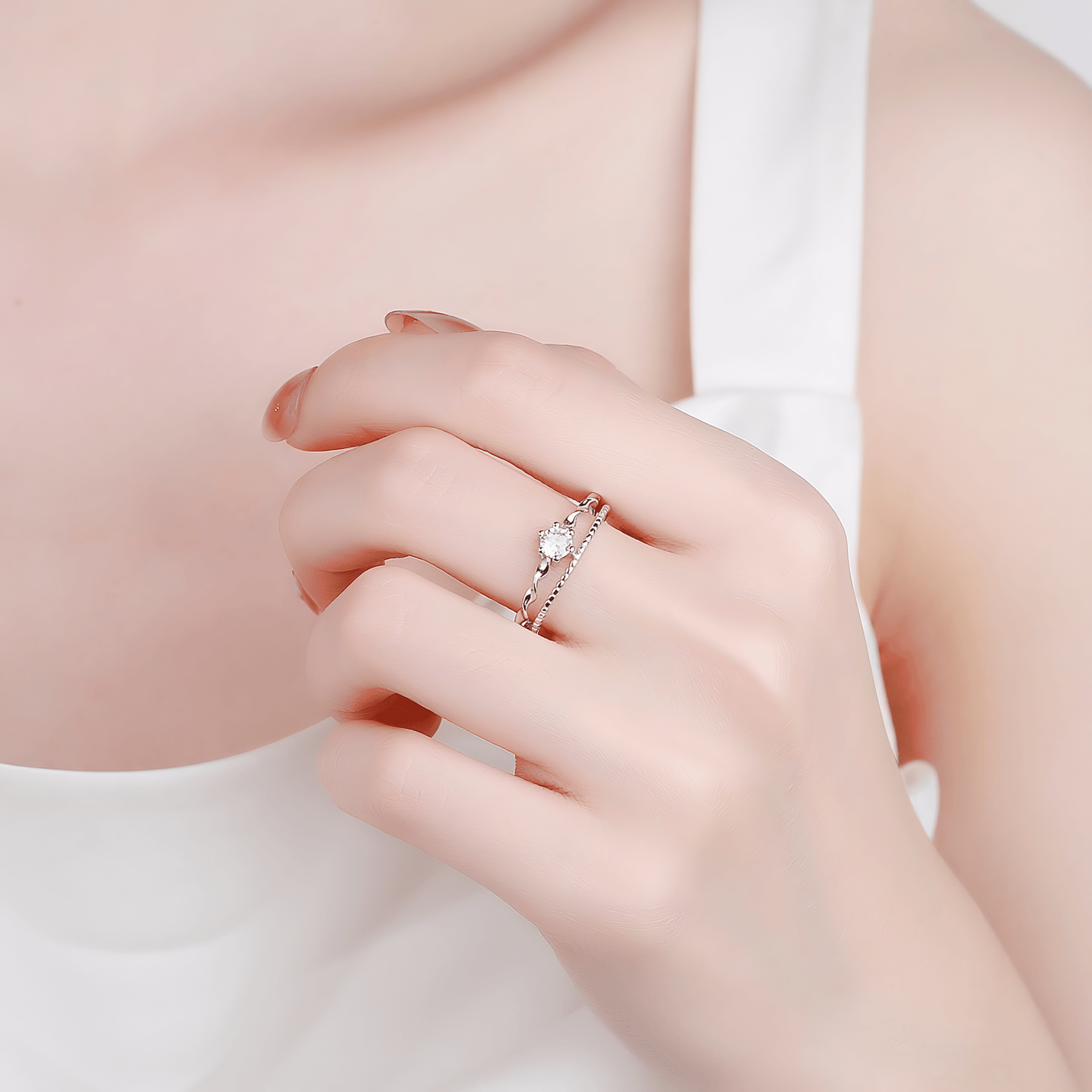 Waves of Love – Sterling Silver Dual Band Ring with Solitaire CZ & Twisted Design - NAFALUXE