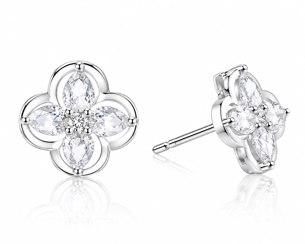 Floral Stud Earrings with Marquise-Cut AAA Cubic Zirconia