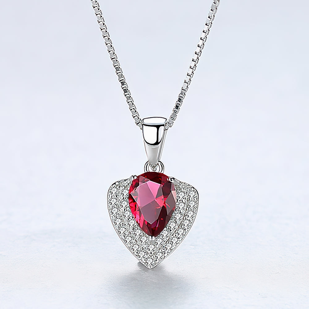 Collana in argento sterling con cuore e zirconi rossi – Ciondolo con montatura a corona, placcata in rodio