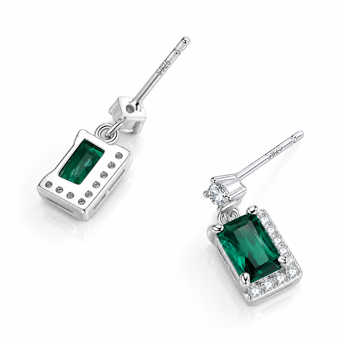Emerald Green Drop Earrings in 925 Sterling Silver with Zirconia Accents