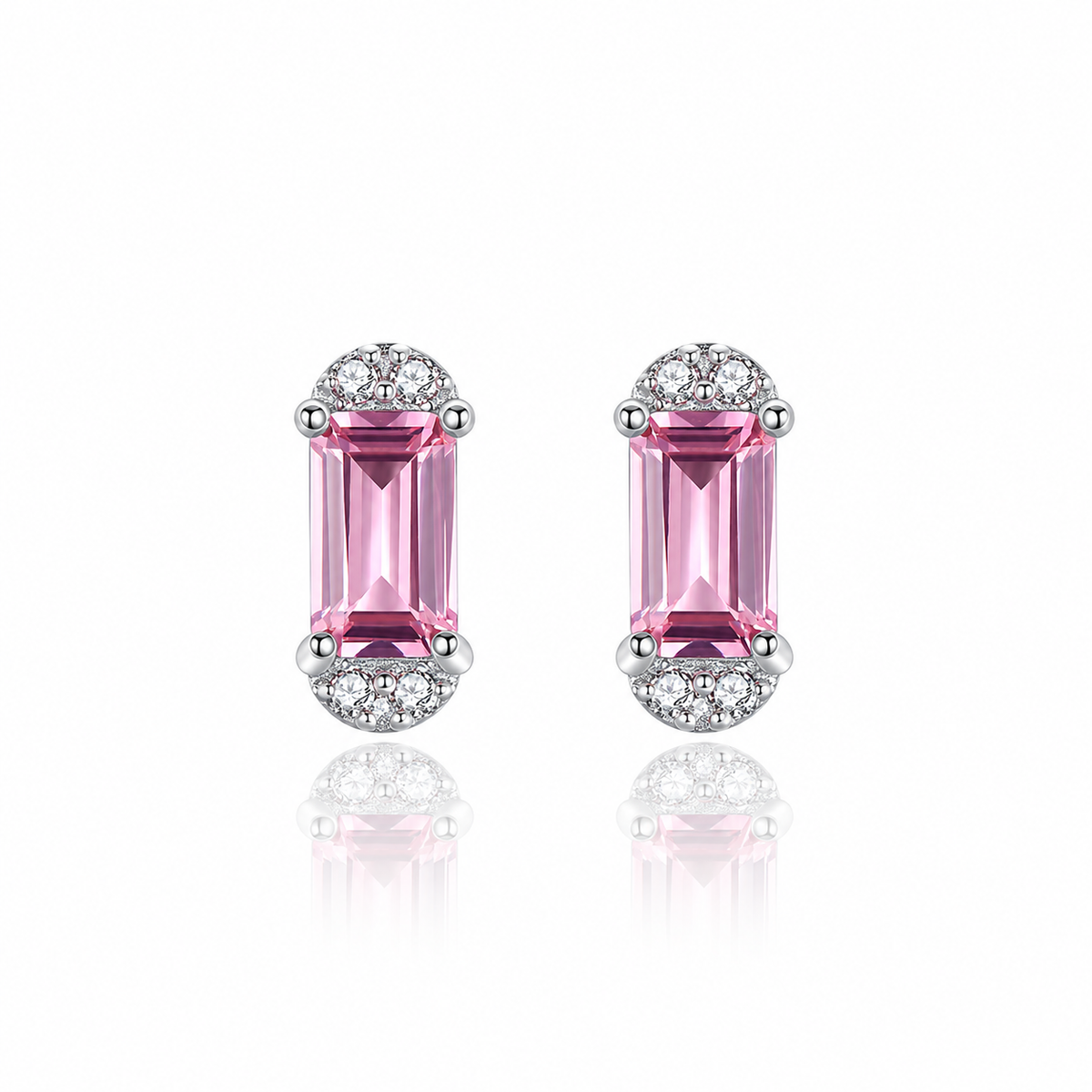 Elegant Pink Emerald-Cut CZ Stud Earrings in 925 Sterling Silver