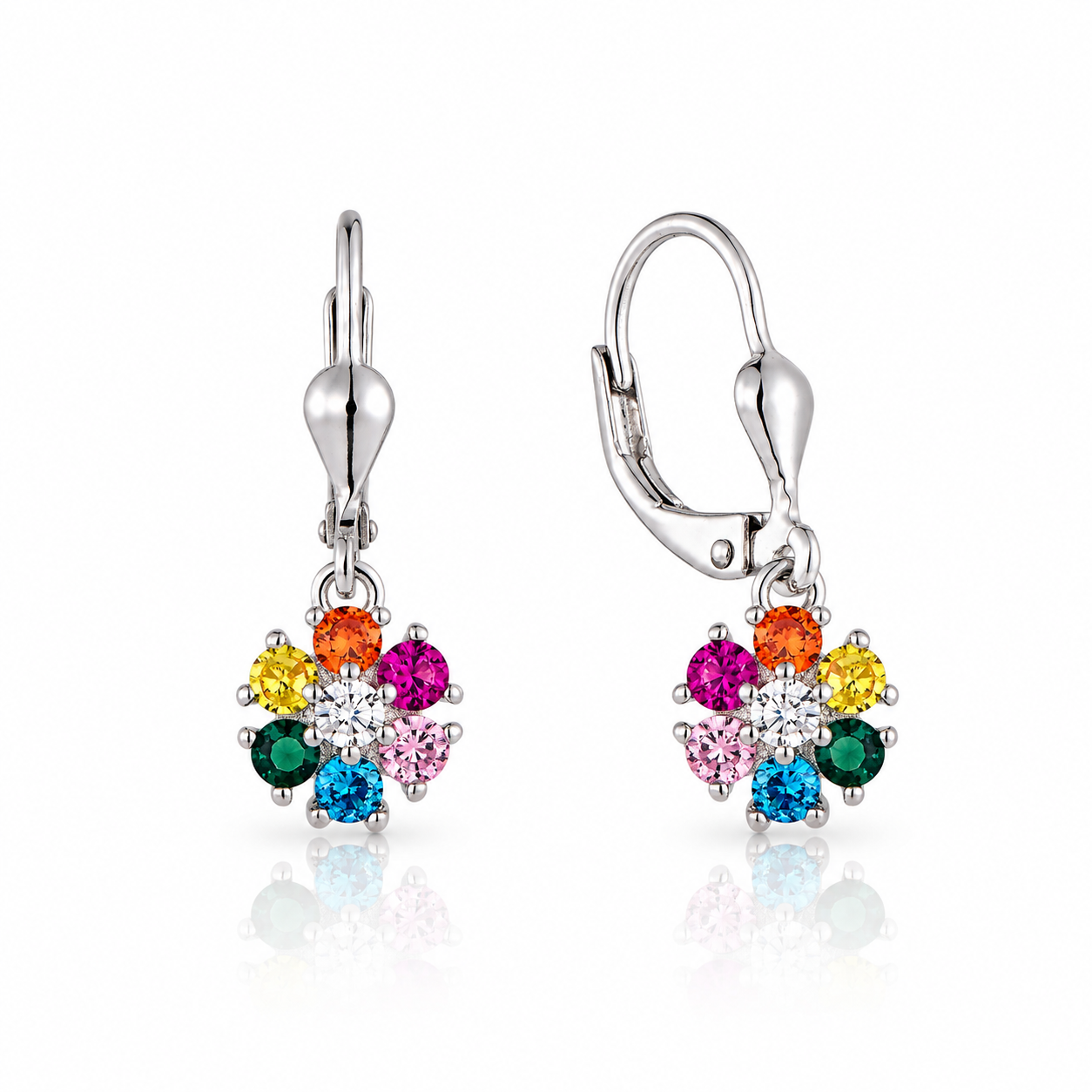 Rainbow Flower CZ Drop Earrings