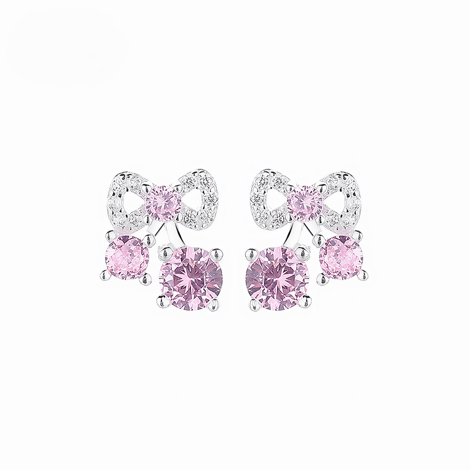 925 Sterling Silver Bow Stud Earrings with Pink AAA Cubic Zirconia Trio - NAFALUXE