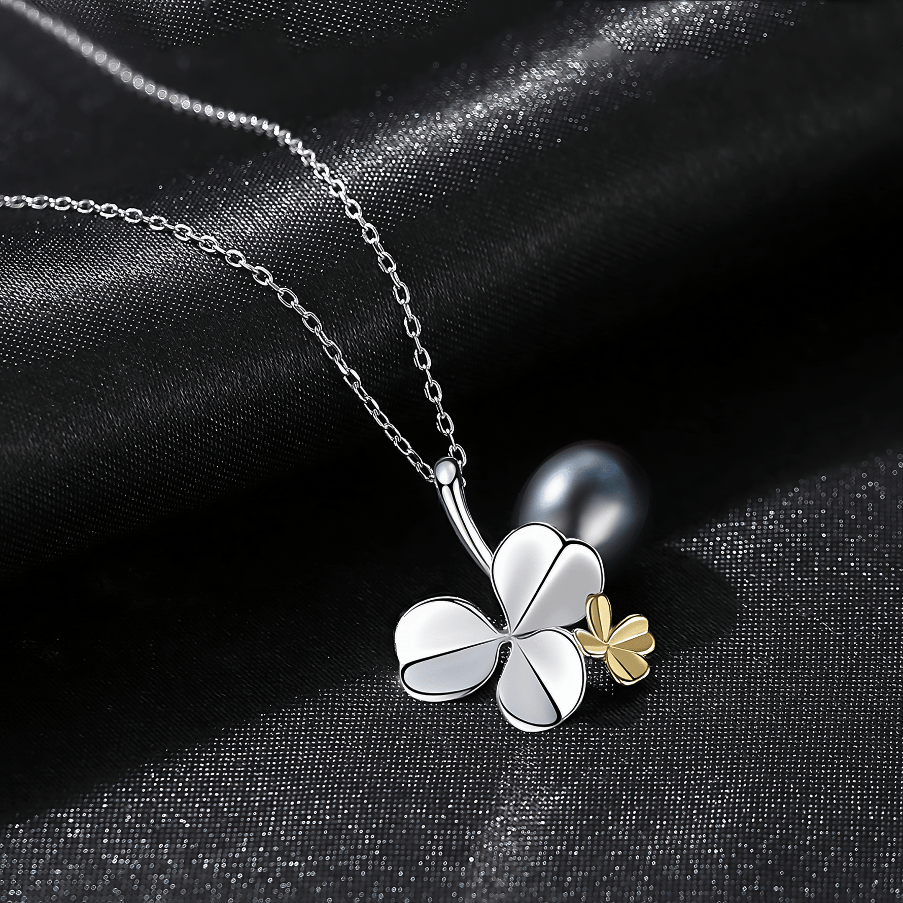 925 Sterling Silver Clover Necklace with Dark Pearl – Two - Tone Design - NAFALUXE