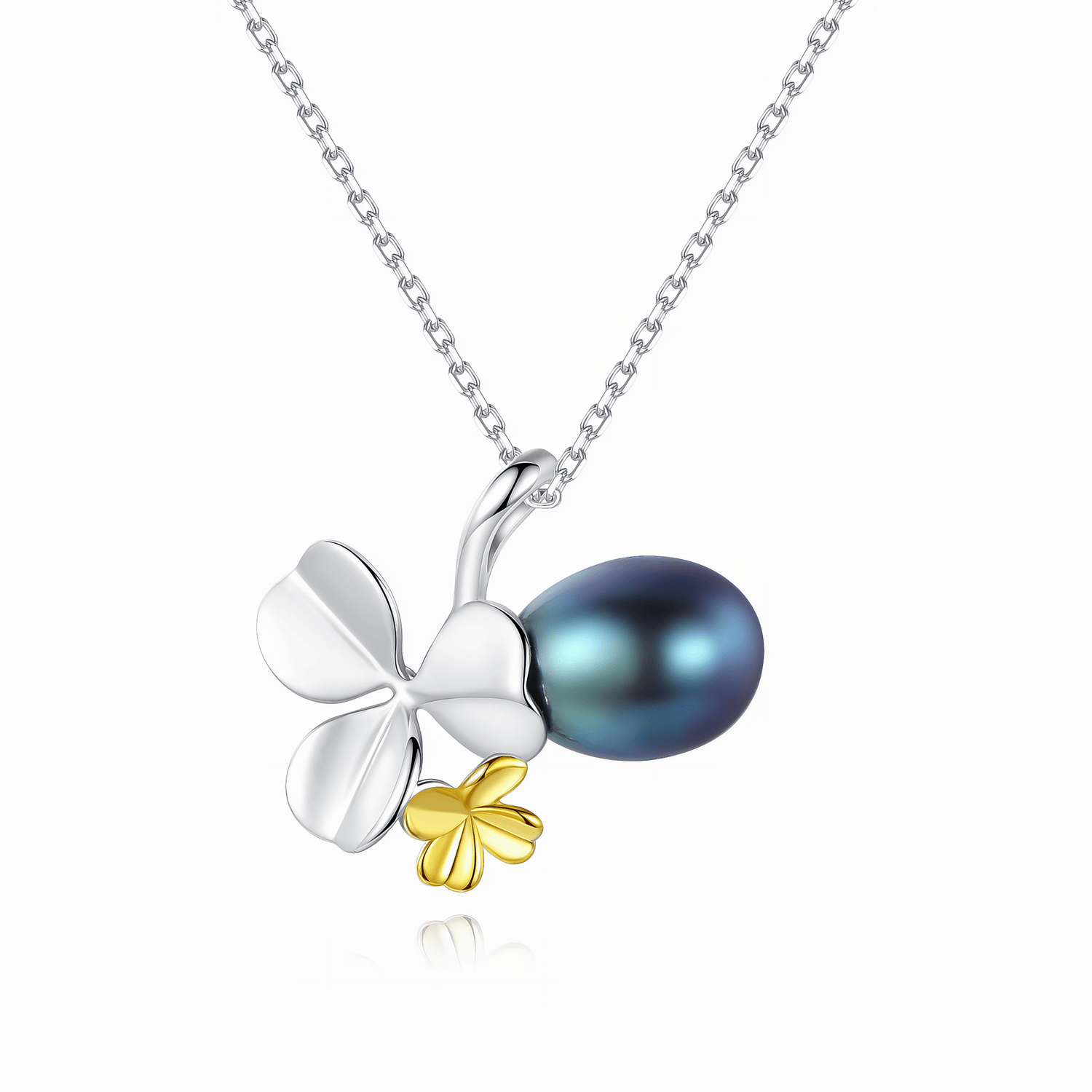 Collana con trifoglio in argento sterling 925 con perla scura – Design bicolore – NAFALUXE