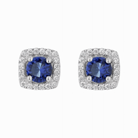 925 Sterling Silver Cushion Stud Earrings with Blue Center and Halo AAA Cubic Zirconia - NAFALUXE