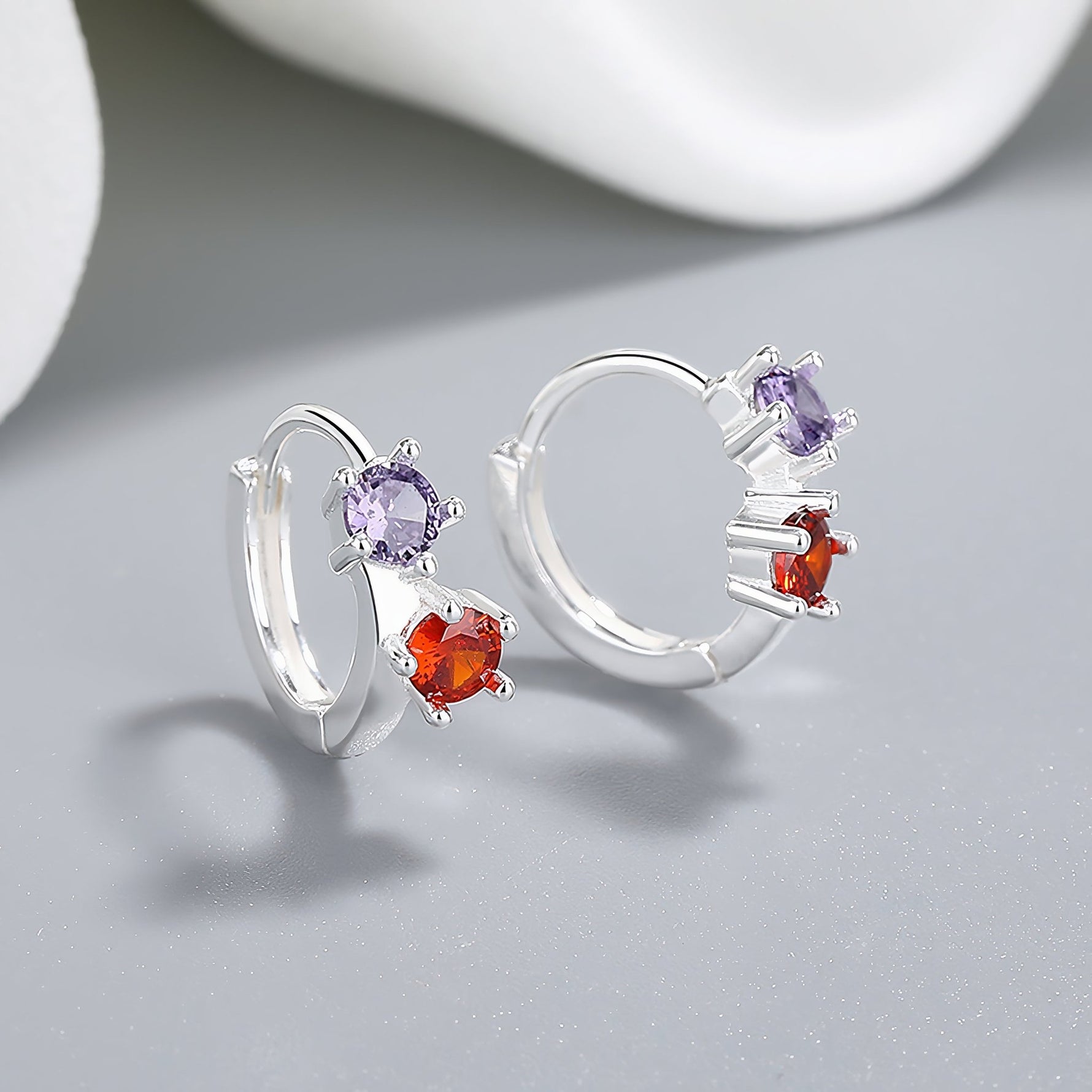 925 Sterling Silver Double Stone Hoop Earrings with Purple and Red AAA Cubic Zirconia - NAFALUXE