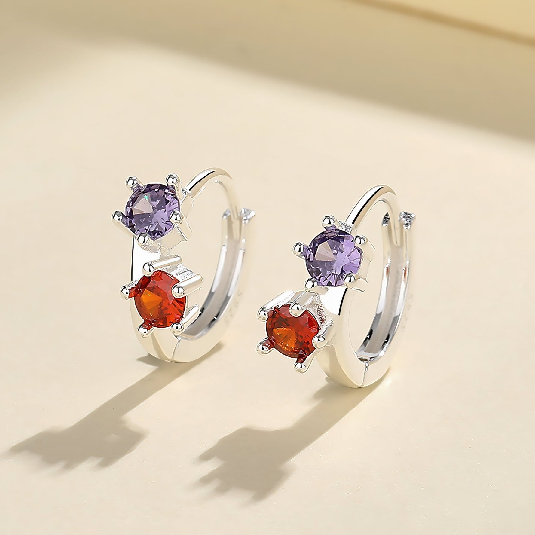 925 Sterling Silver Double Stone Hoop Earrings with Purple and Red AAA Cubic Zirconia - NAFALUXE
