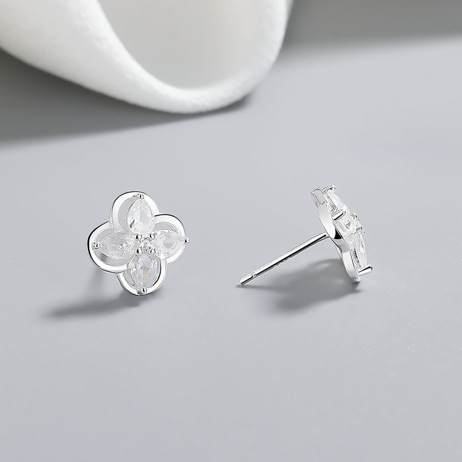 925 Sterling Silver Floral Stud Earrings with Marquise - Cut AAA Cubic Zirconia - NAFALUXE