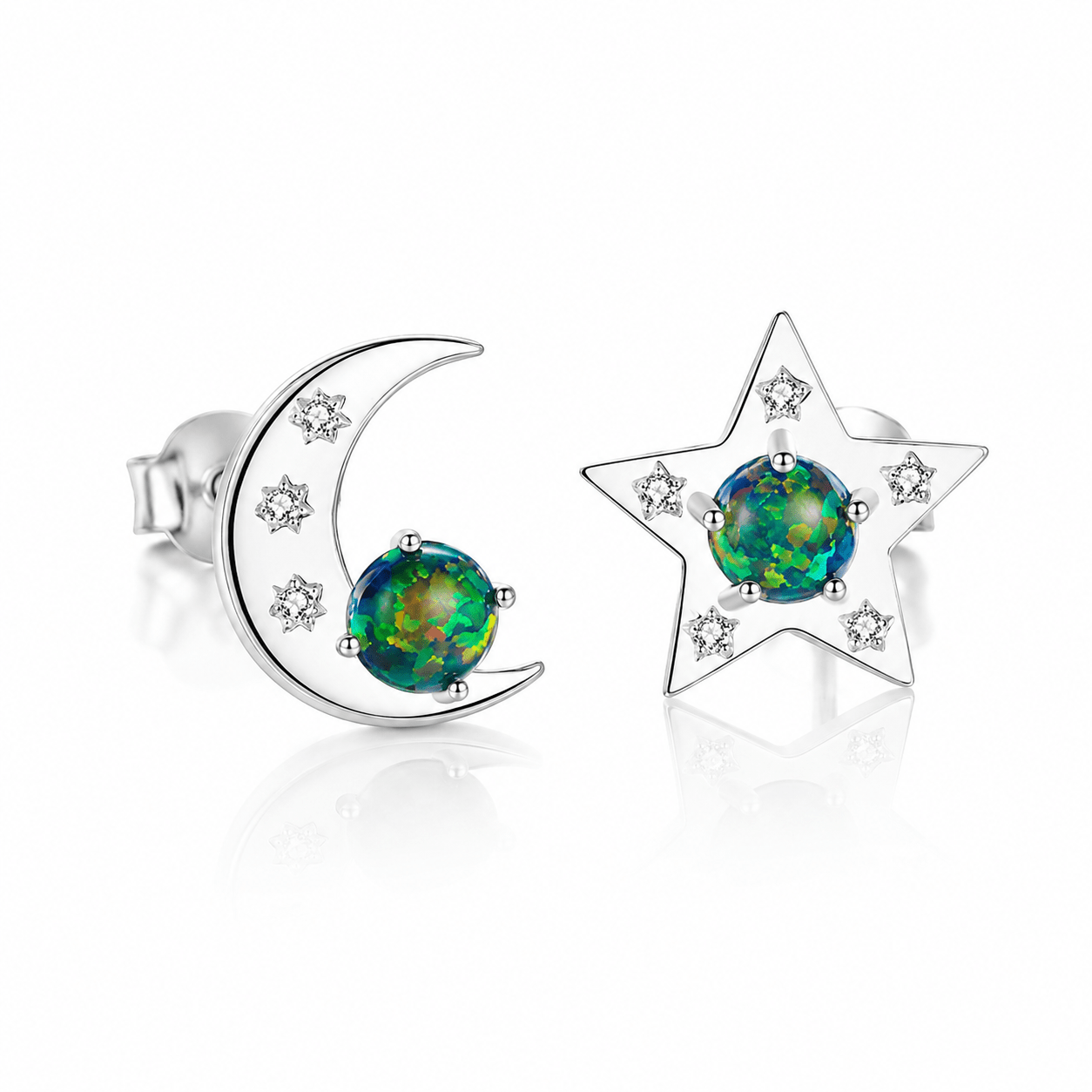 Orecchini a bottone in argento sterling 925 con stella e luna e pietra verde Formica - NAFALUXE