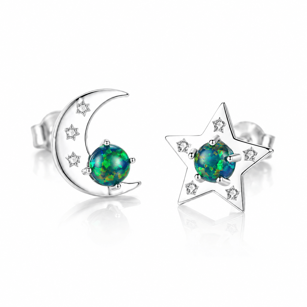 Orecchini a bottone in argento sterling 925 con stella e luna e pietra verde Formica - NAFALUXE