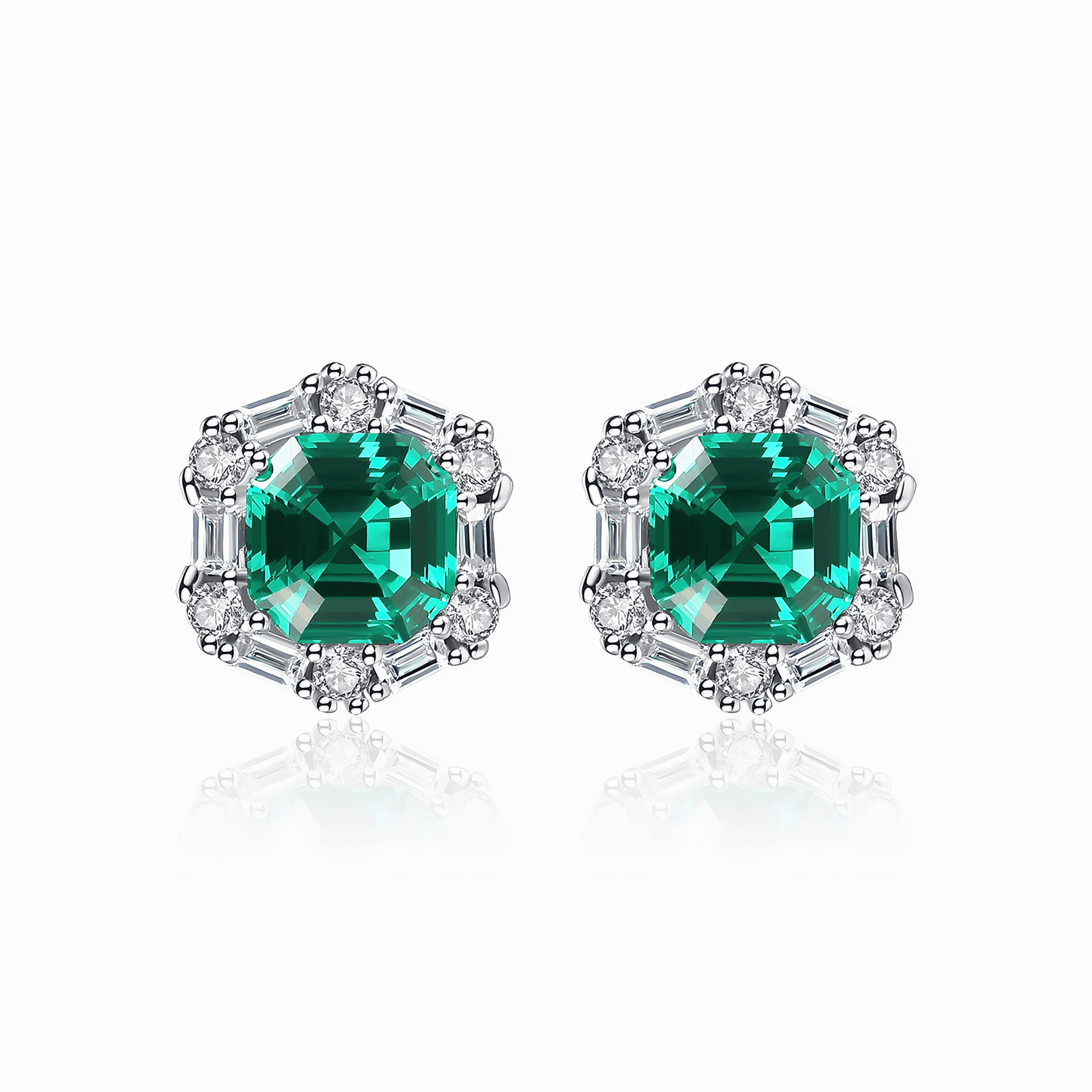 925 Sterling Silver Stud Earrings with Emerald - Green Formica Stone Halo - NAFALUXE