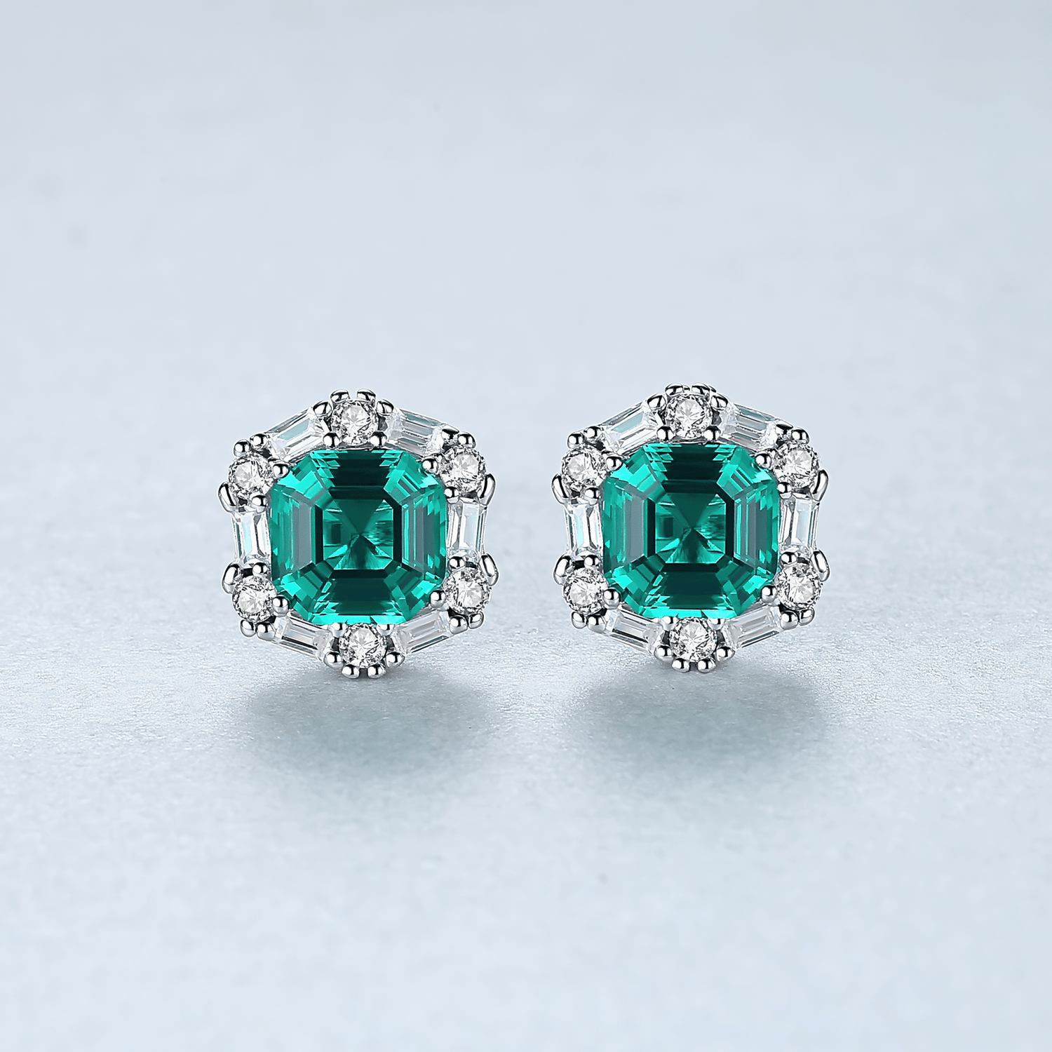 925 Sterling Silver Stud Earrings with Emerald - Green Formica Stone Halo - NAFALUXE