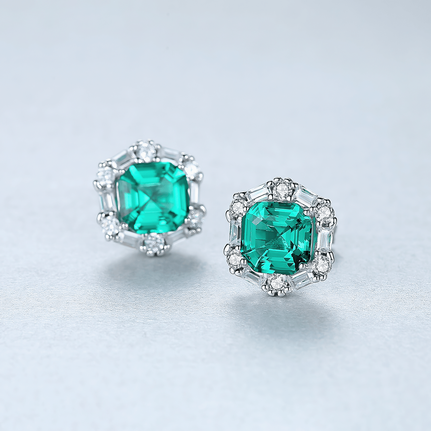925 Sterling Silver Stud Earrings with Emerald - Green Formica Stone Halo - NAFALUXE