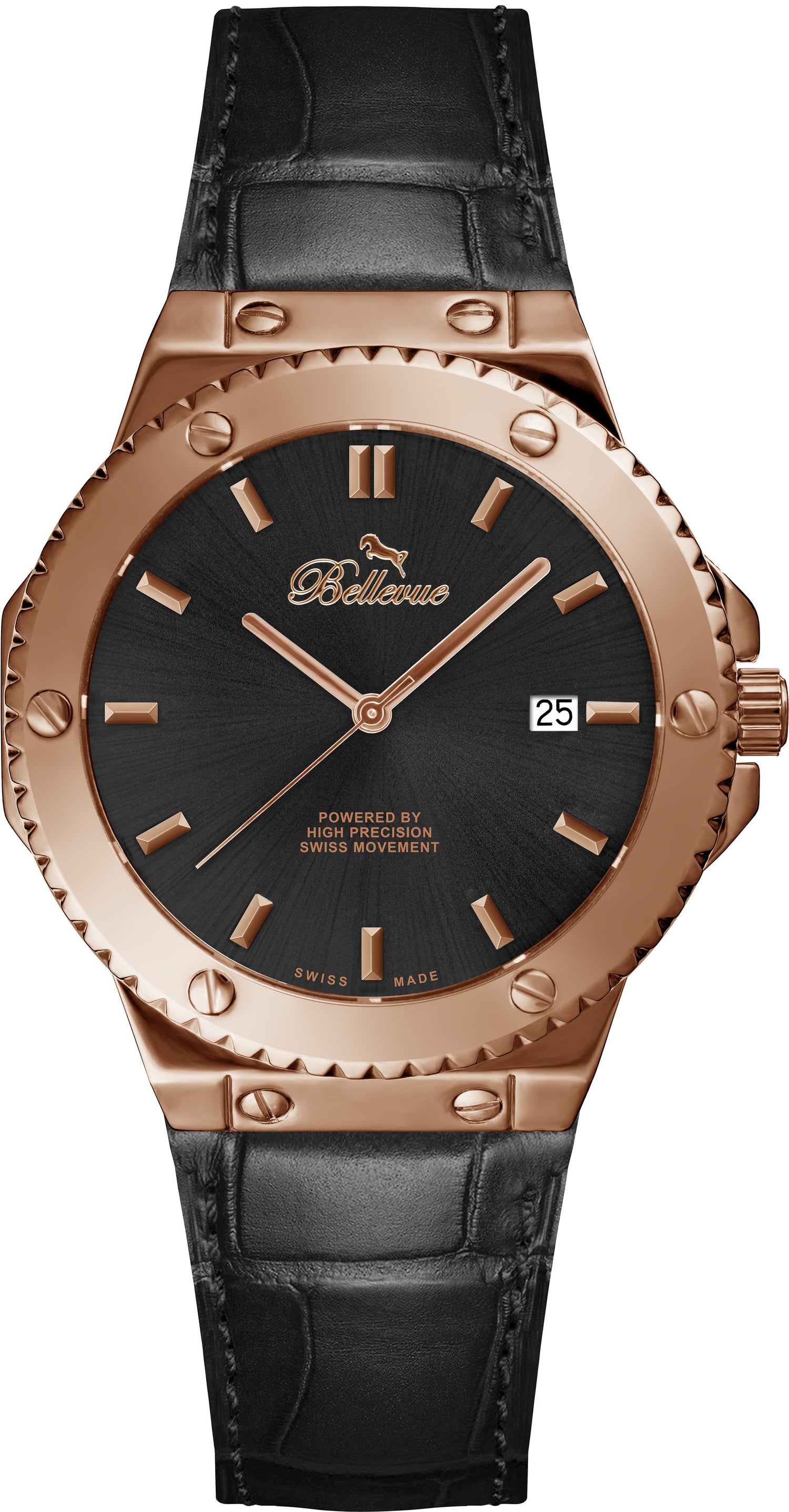 Orologio da uomo Bellevue verde e oro, 43 mm – Movimento al quarzo Ronda con datario | Cinturino a maglia in acciaio inossidabile o in pelle PU
